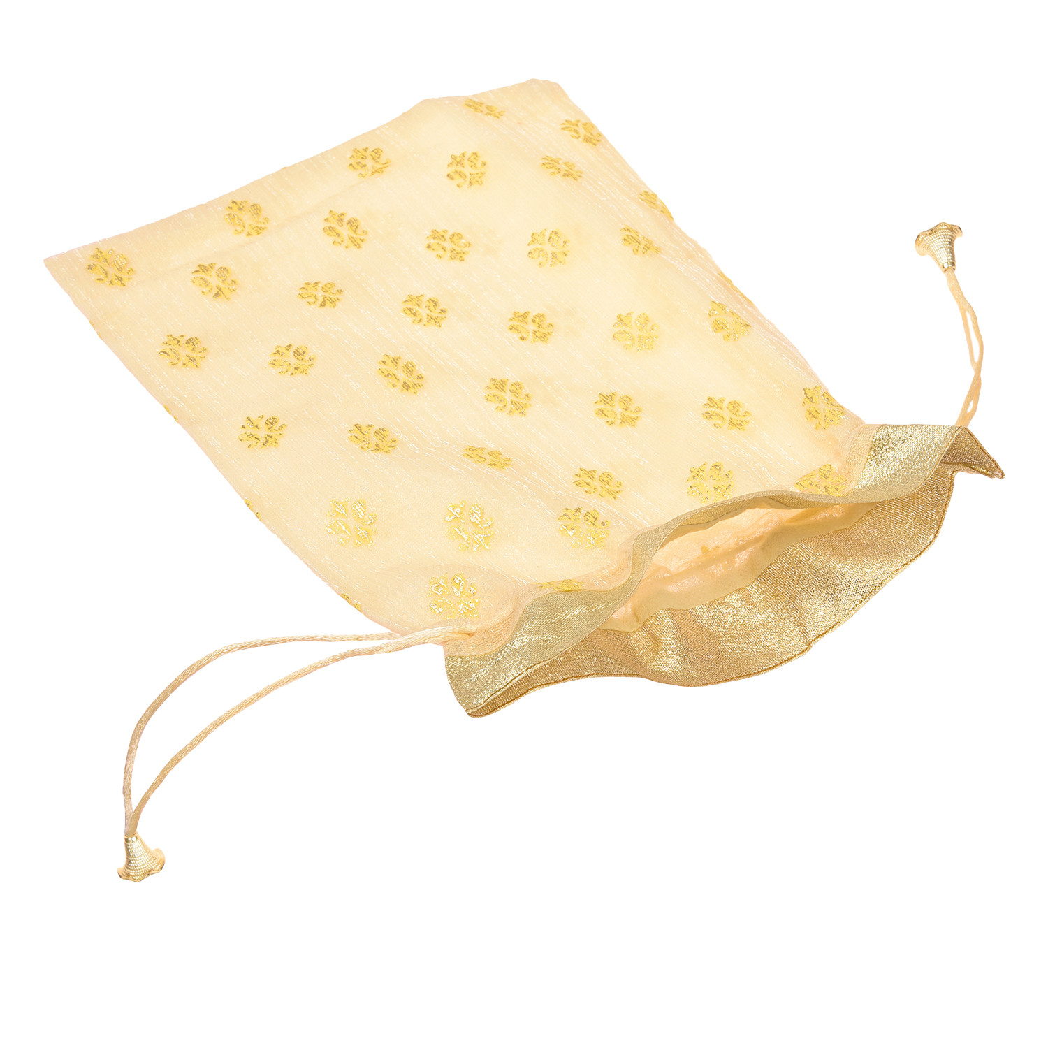 Kuber Industries Potli | Georgette Fabric with Golden Buti Print | Wallet Potli | Traditional Indian Drawstring Bags for Wedding | Shagun | 9 x 12 Inch | Cream