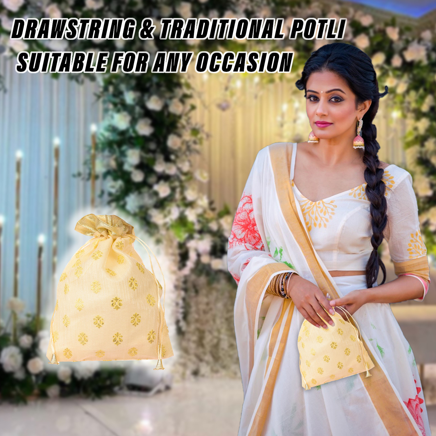 Kuber Industries Potli | Georgette Fabric with Golden Buti Print | Wallet Potli | Traditional Indian Drawstring Bags for Wedding | Shagun | 9 x 12 Inch | Cream
