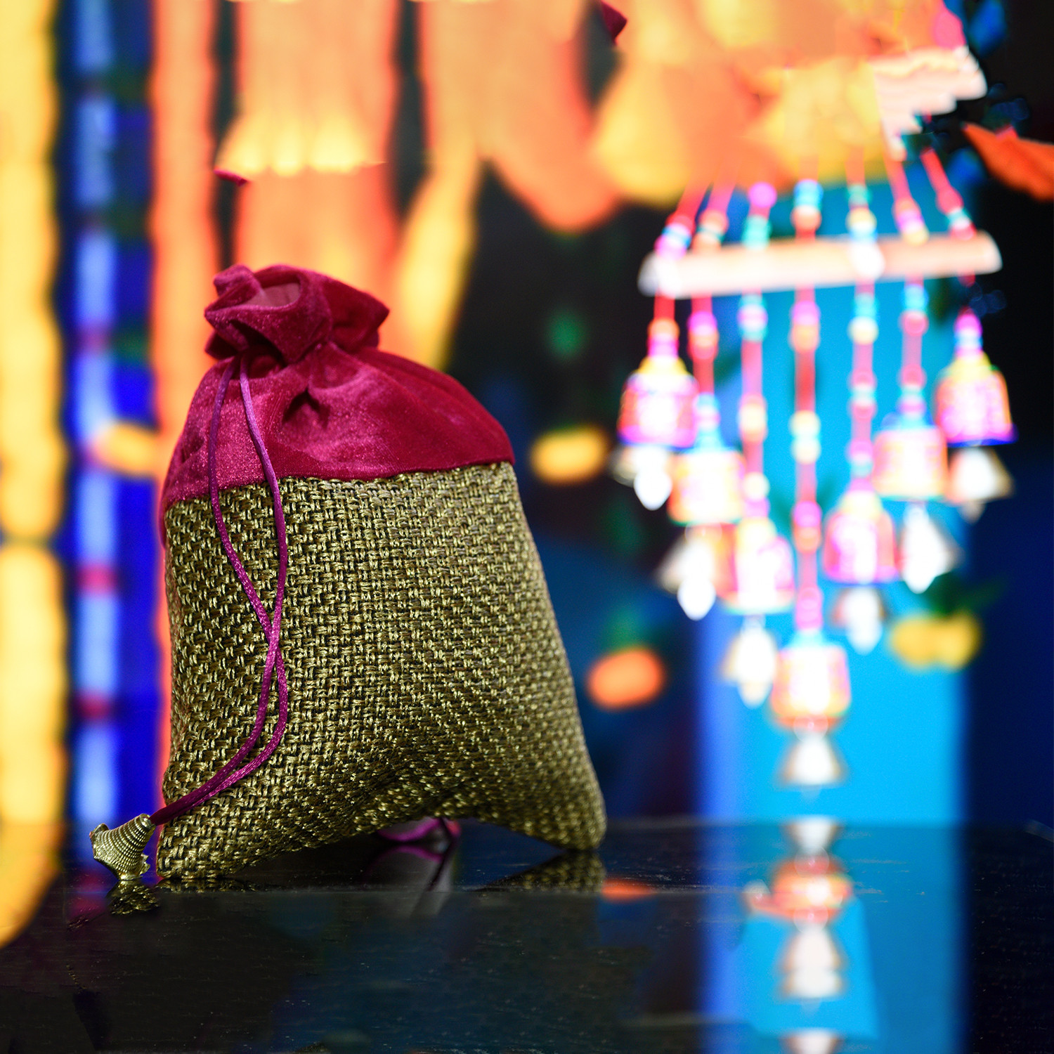 Kuber Industries Potli | Jute Fabric with Velvet Coated | Wallet Potli | Traditional Indian Drawstring Bags for Wedding | Shagun | 7x9 Inch | Rani