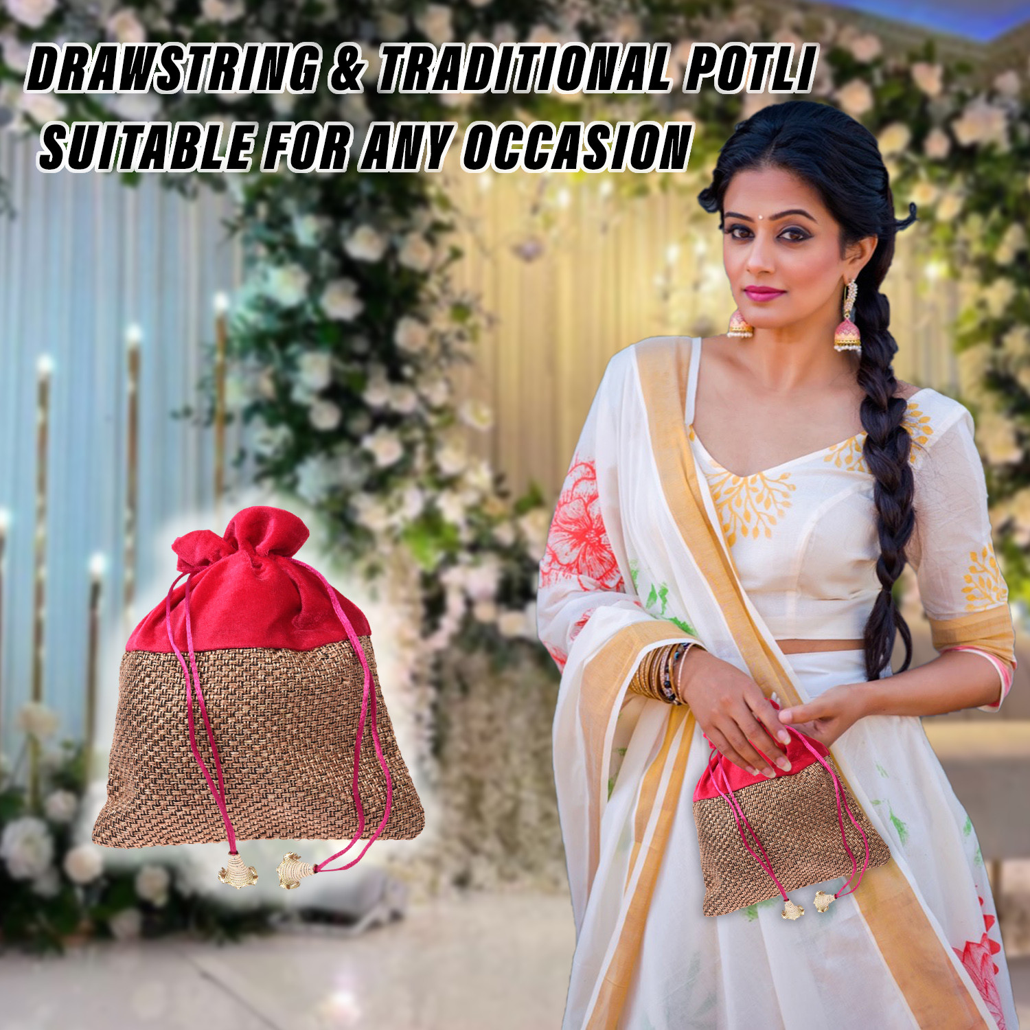 Kuber Industries Potli | Jute Fabric with Velvet Coated | Wallet Potli | Traditional Indian Drawstring Bags for Wedding | Shagun | 7x9 Inch | Rani
