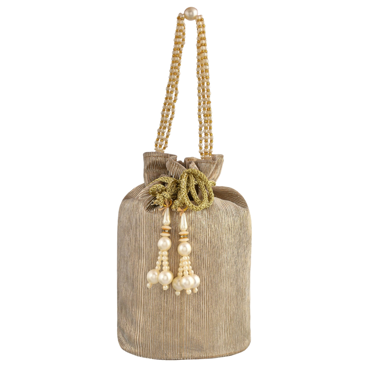 Kuber Industries Potli  Polyester Wedding Potli  Beads Handle Potli  Wallet Potli for Woman  Christmas Gift Potli  Baby Shower Potli  Metallic Shining Potli  Golden