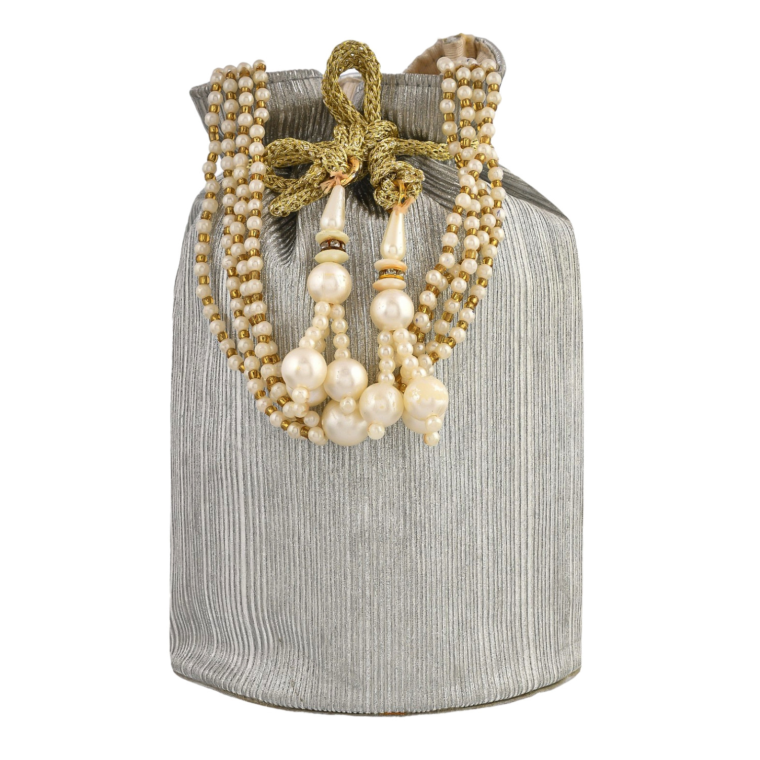 Kuber Industries Potli  Polyester Wedding Potli  Beads Handle Potli  Wallet Potli for Woman  Christmas Gift Potli  Baby Shower Potli  Metallic Shining Potli  Silver