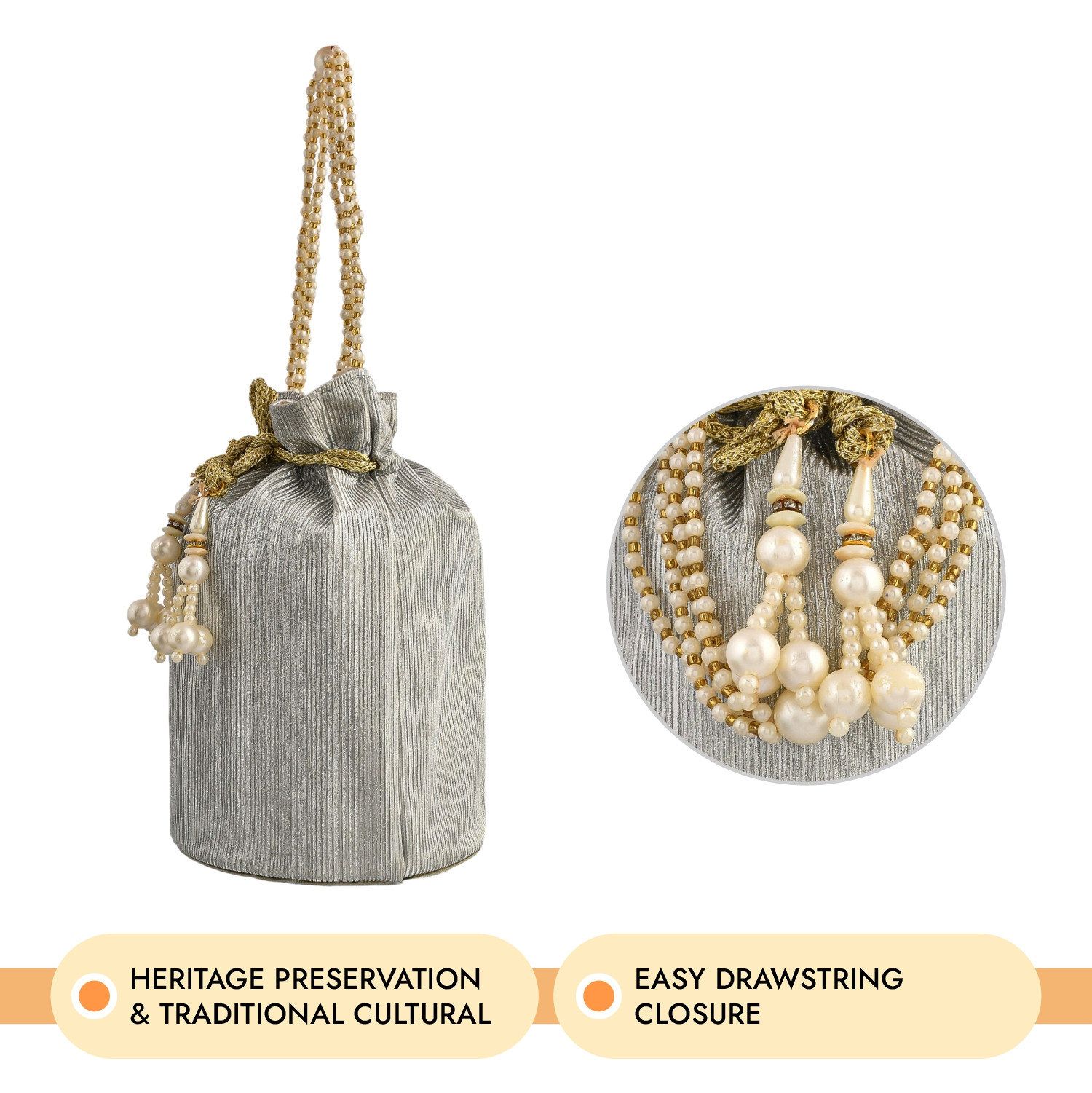 Kuber Industries Potli  Polyester Wedding Potli  Beads Handle Potli  Wallet Potli for Woman  Christmas Gift Potli  Baby Shower Potli  Metallic Shining Potli  Silver