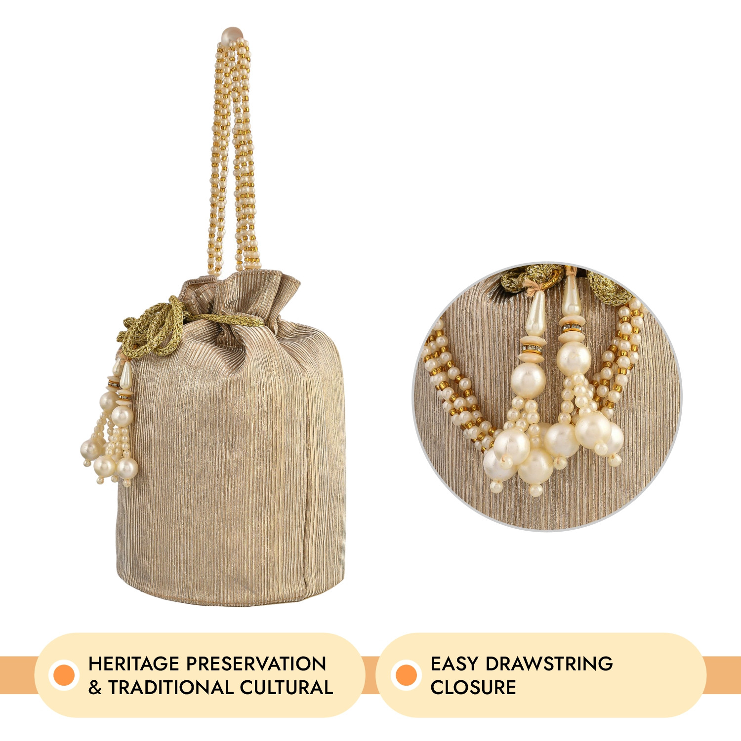 Kuber Industries Potli  Polyester Wedding Potli  Beads Handle Potli  Wallet Potli for Woman  Christmas Gift Potli  Baby Shower Potli  Metallic Shining Potli  Golden