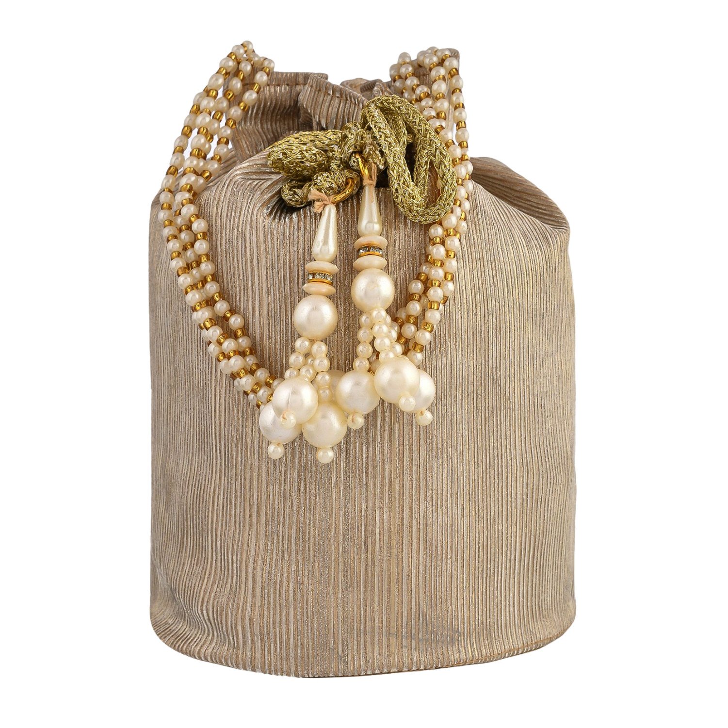 Kuber Industries Potli | Polyester Wedding Potli | Beads Handle Potli | Wallet Potli for Woman | Christmas Gift Potli | Baby Shower Potli | Metallic Shining Potli | Golden