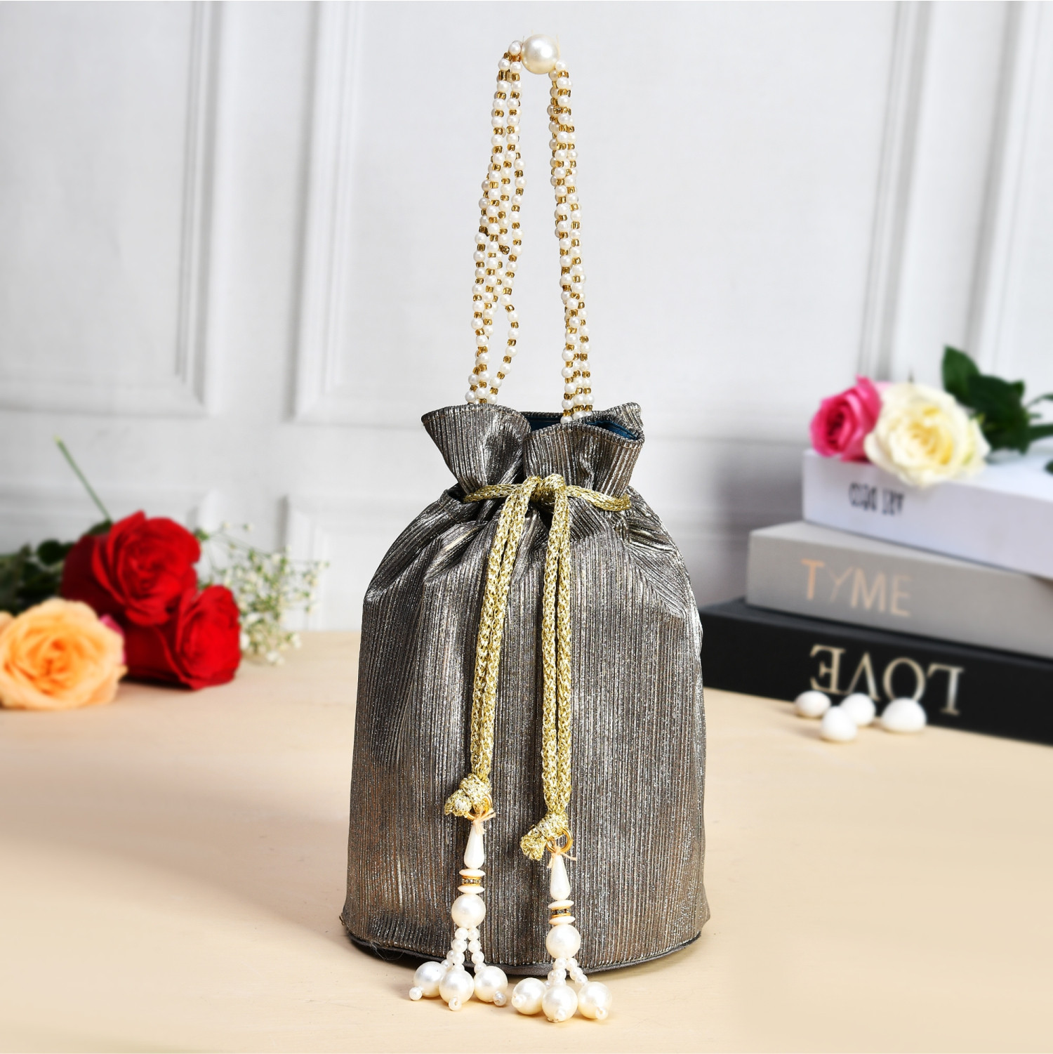 Kuber Industries Potli | Polyester Wedding Potli | Beads Handle Potli | Wallet Potli for Woman | Christmas Gift Potli | Baby Shower Potli | Metallic Shining Potli | Antique