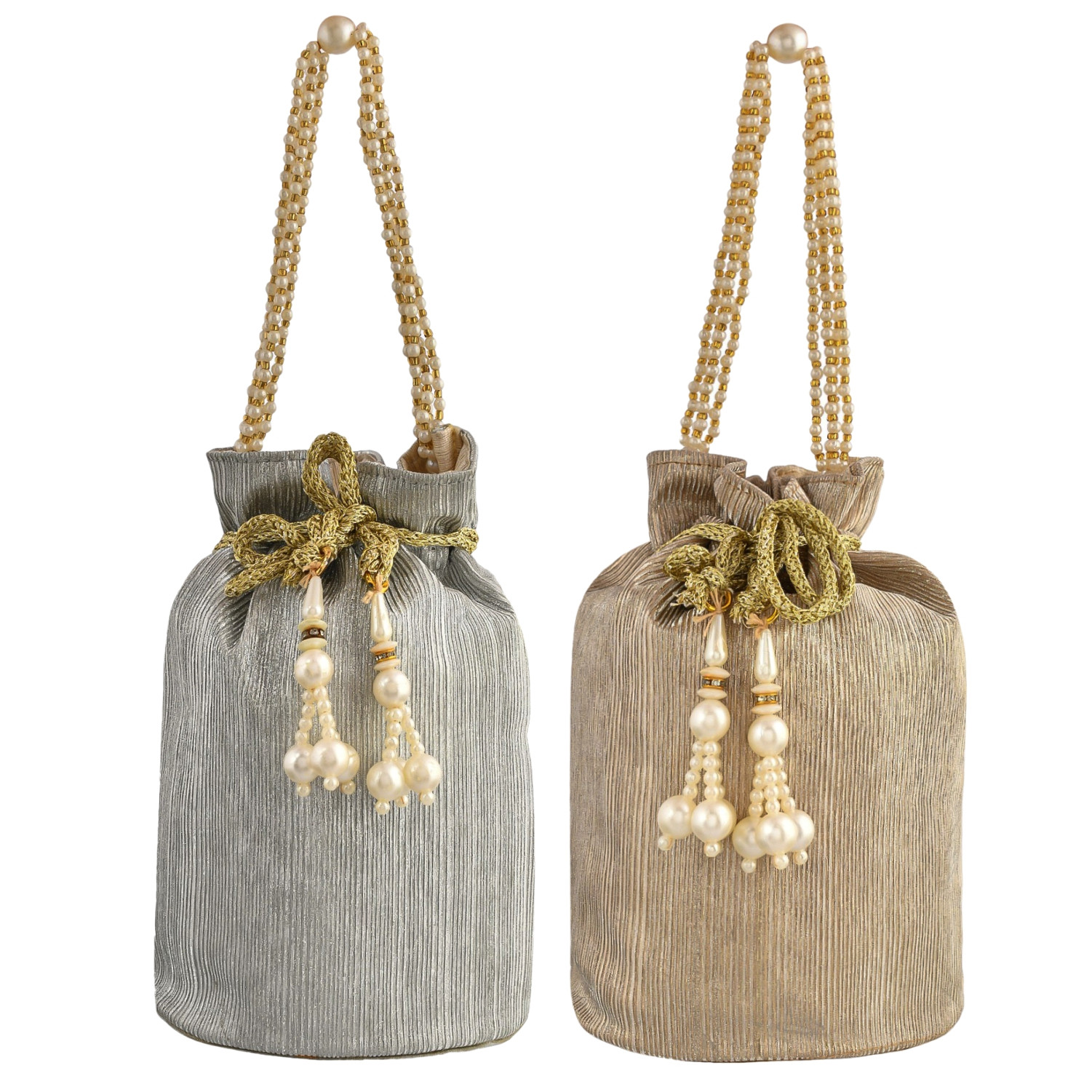 Kuber Industries Potli | Polyester Wedding Potli | Beads Handle Potli | Wallet Potli for Woman | Christmas Gift Potli | Baby Shower Potli | Metallic Shining Potli | Pack of 2 | Multi