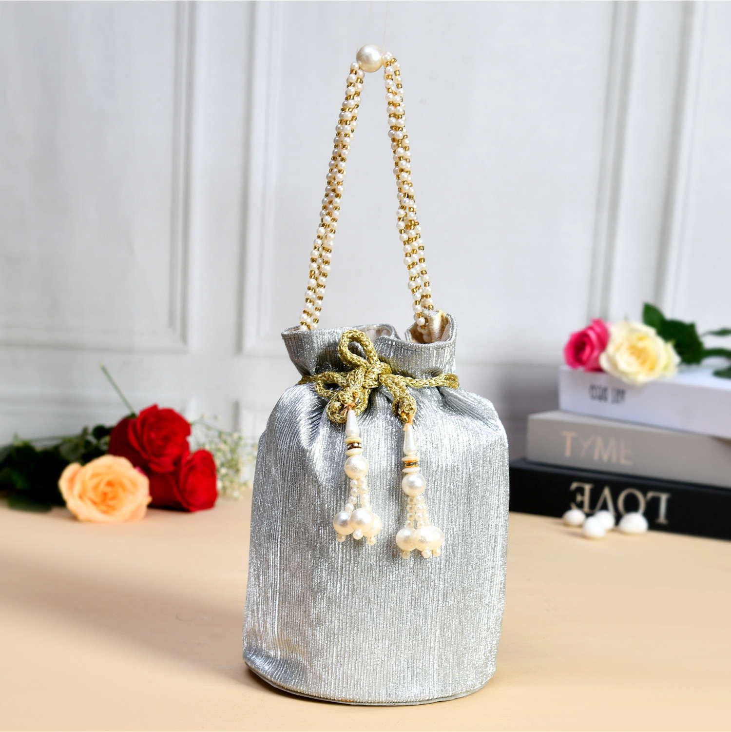 Kuber Industries Potli | Polyester Wedding Potli | Beads Handle Potli | Wallet Potli for Woman | Christmas Gift Potli | Baby Shower Potli | Metallic Shining Potli | Pack of 2 | Multi