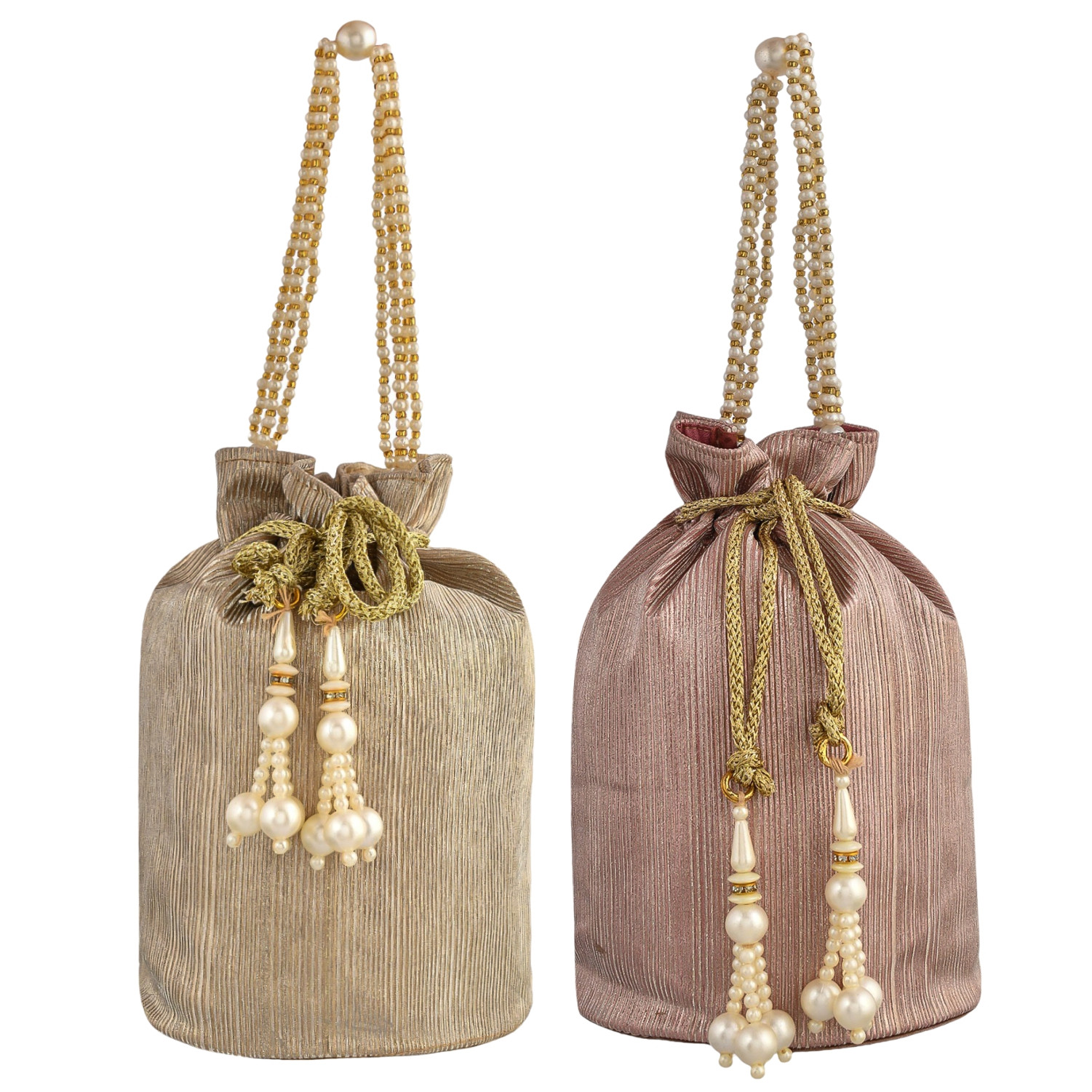 Kuber Industries Potli | Polyester Wedding Potli | Beads Handle Potli | Wallet Potli for Woman | Christmas Gift Potli | Baby Shower Potli | Metallic Shining Potli | Pack of 2 | Multi