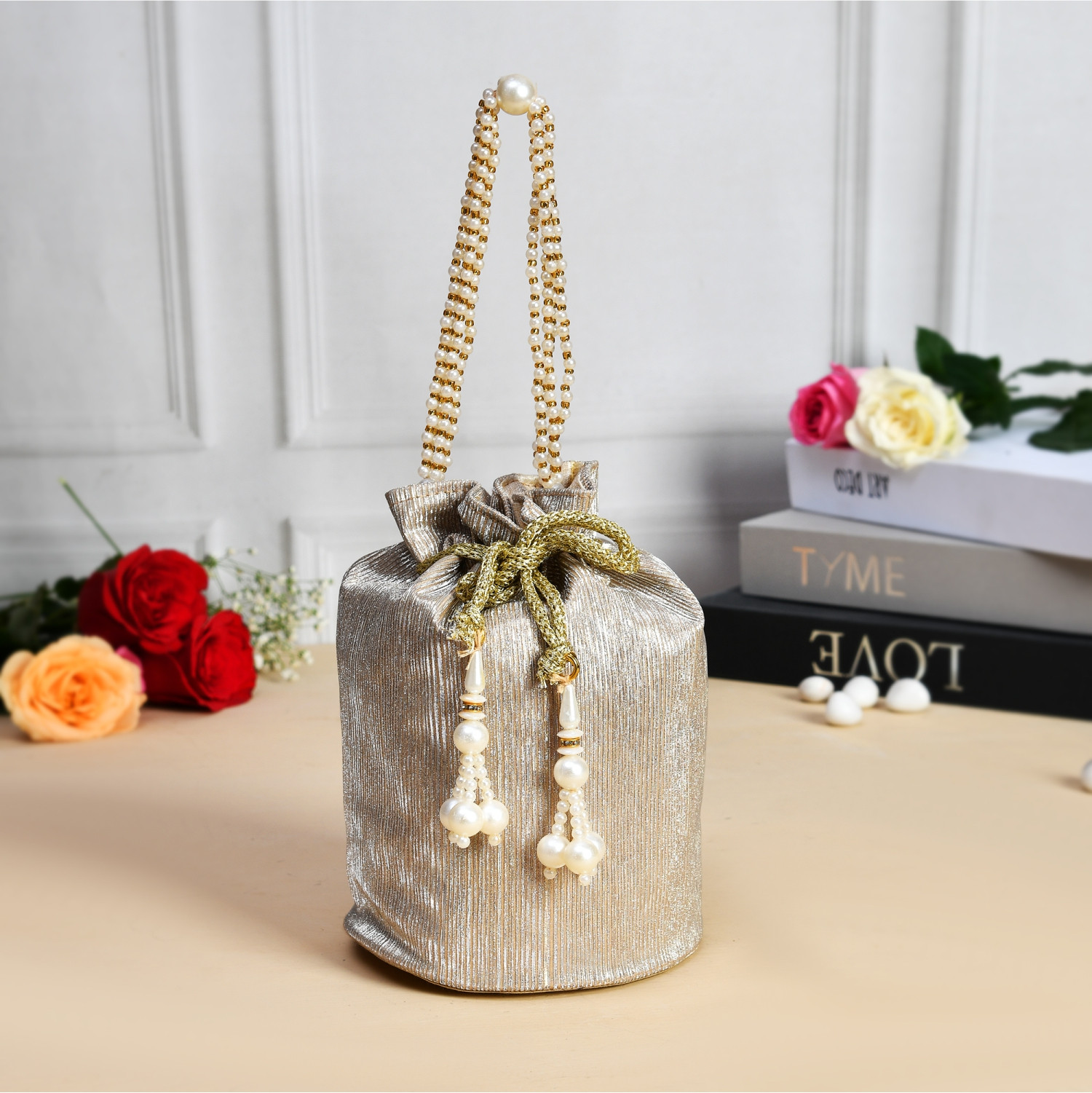 Kuber Industries Potli | Polyester Wedding Potli | Beads Handle Potli | Wallet Potli for Woman | Christmas Gift Potli | Baby Shower Potli | Metallic Shining Potli | Pack of 2 | Multi
