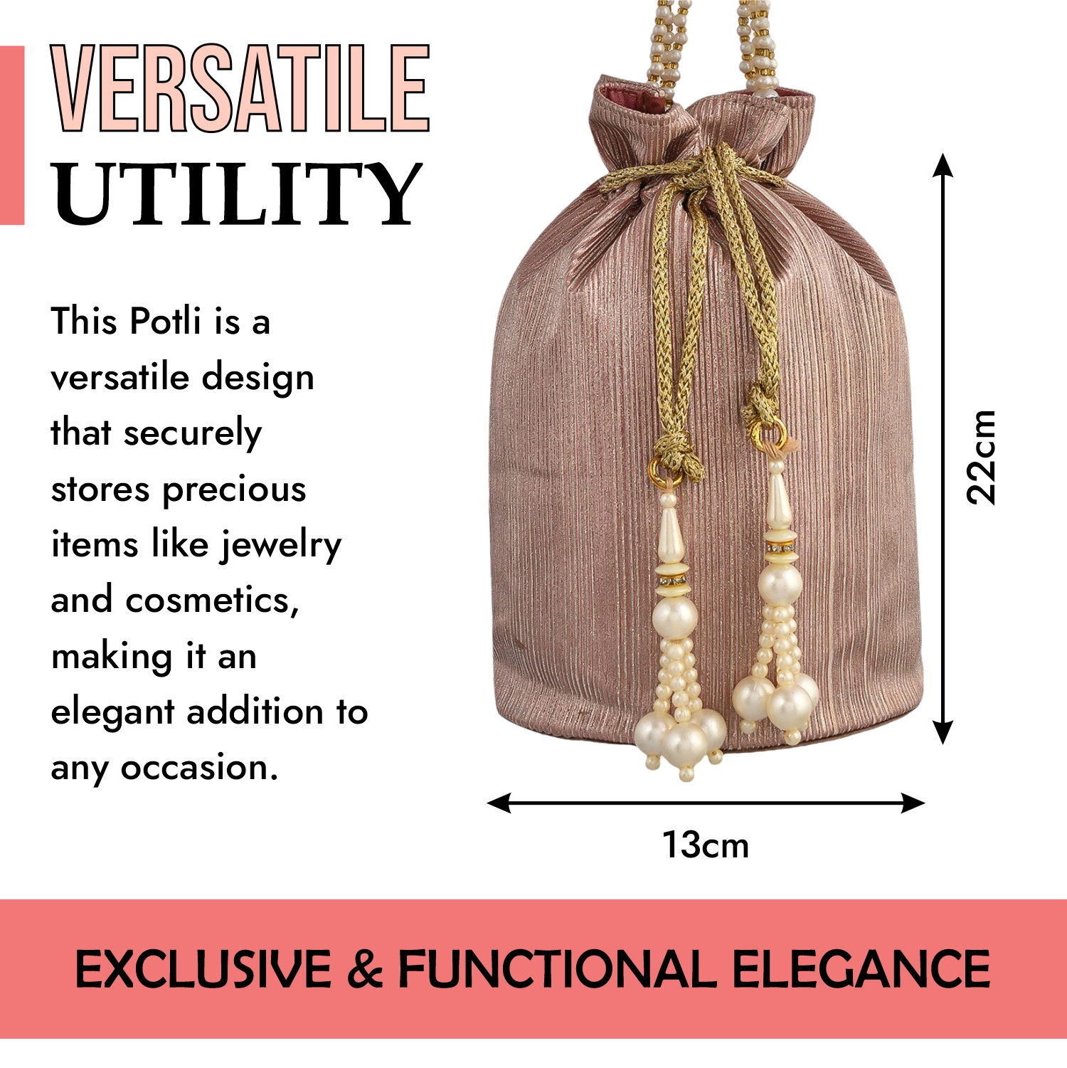 Kuber Industries Potli | Polyester Wedding Potli | Beads Handle Potli | Wallet Potli for Woman | Christmas Gift Potli | Baby Shower Potli | Metallic Shining Potli | Pack of 2 | Multi