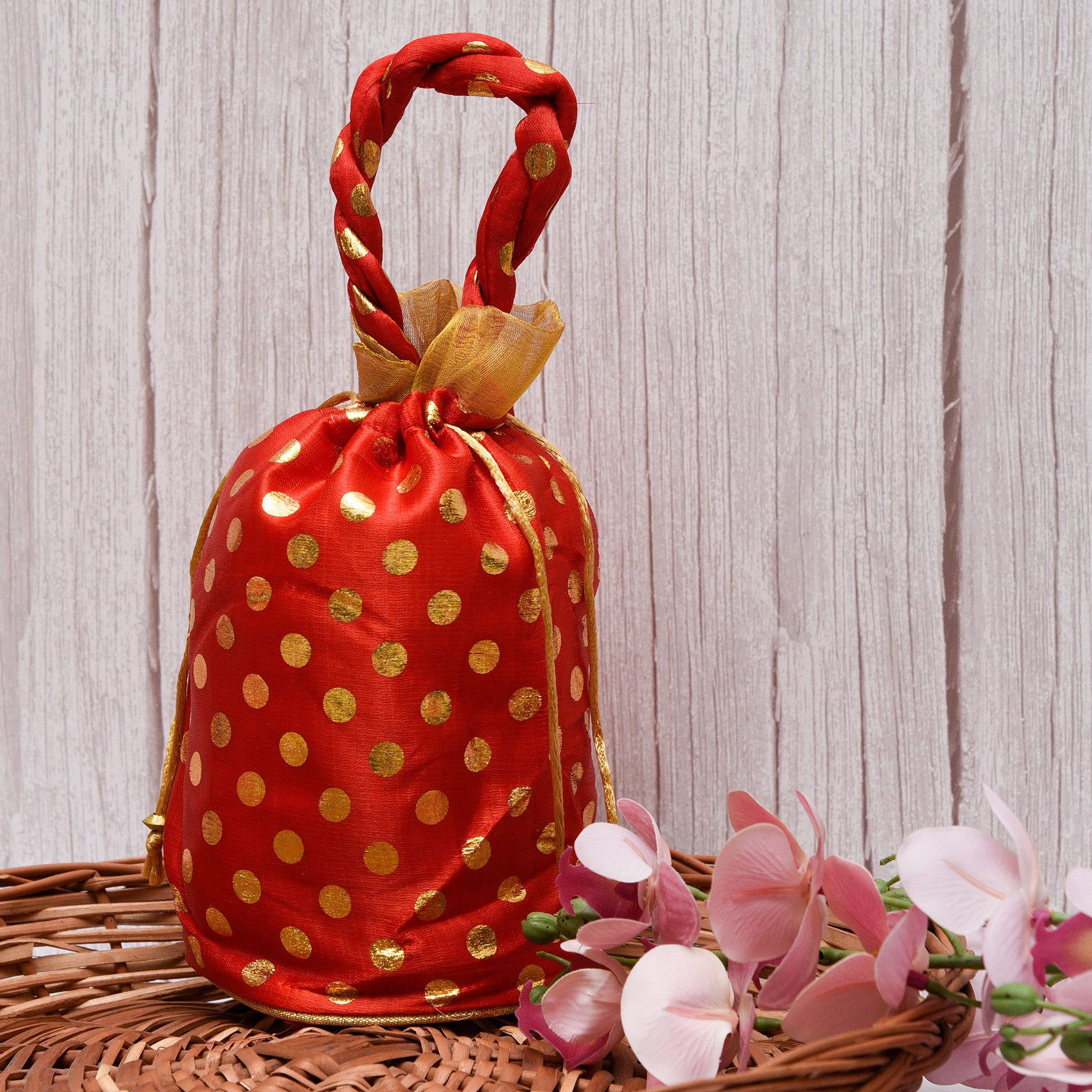 Kuber Industries Potli  Round Wedding Potli  Silk Drawstring Potli  Wallet Potli with Handle  Christmas Gift Potli  Baby Shower Potli  Traditional Shagun Potli  Golden Dot-Potli  Pack of 2  Red