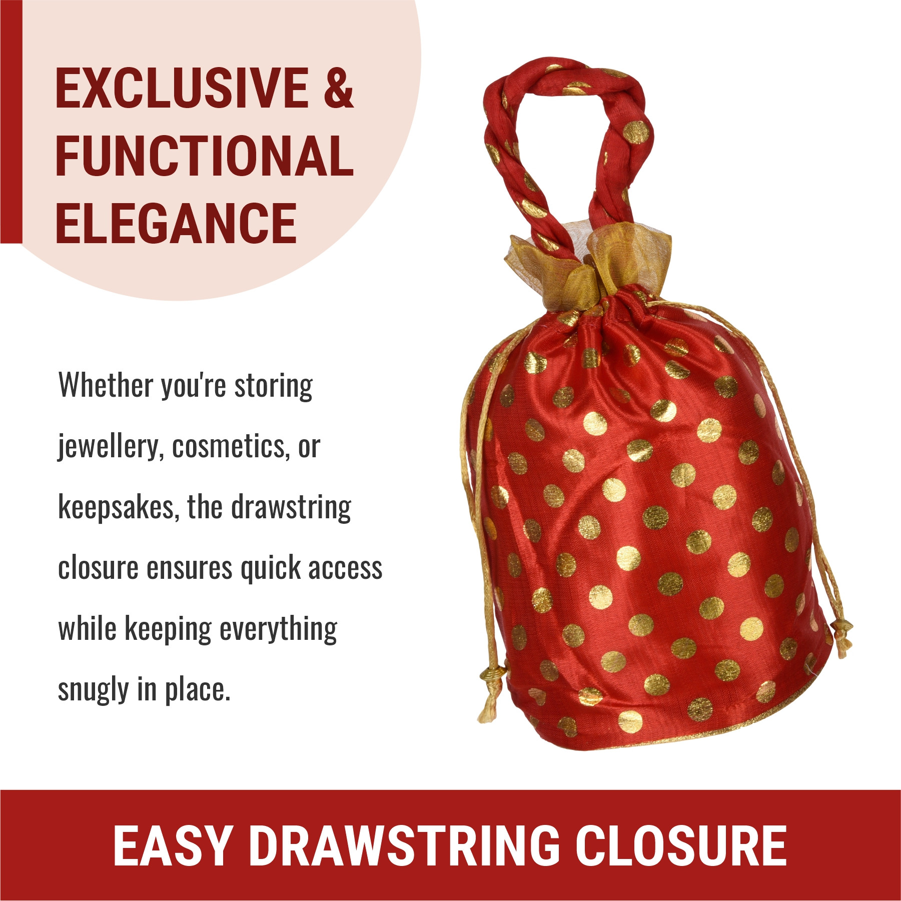 Kuber Industries Potli  Round Wedding Potli  Silk Drawstring Potli  Wallet Potli with Handle  Christmas Gift Potli  Baby Shower Potli  Traditional Shagun Potli  Golden Dot-Potli  Pack of 2  Red
