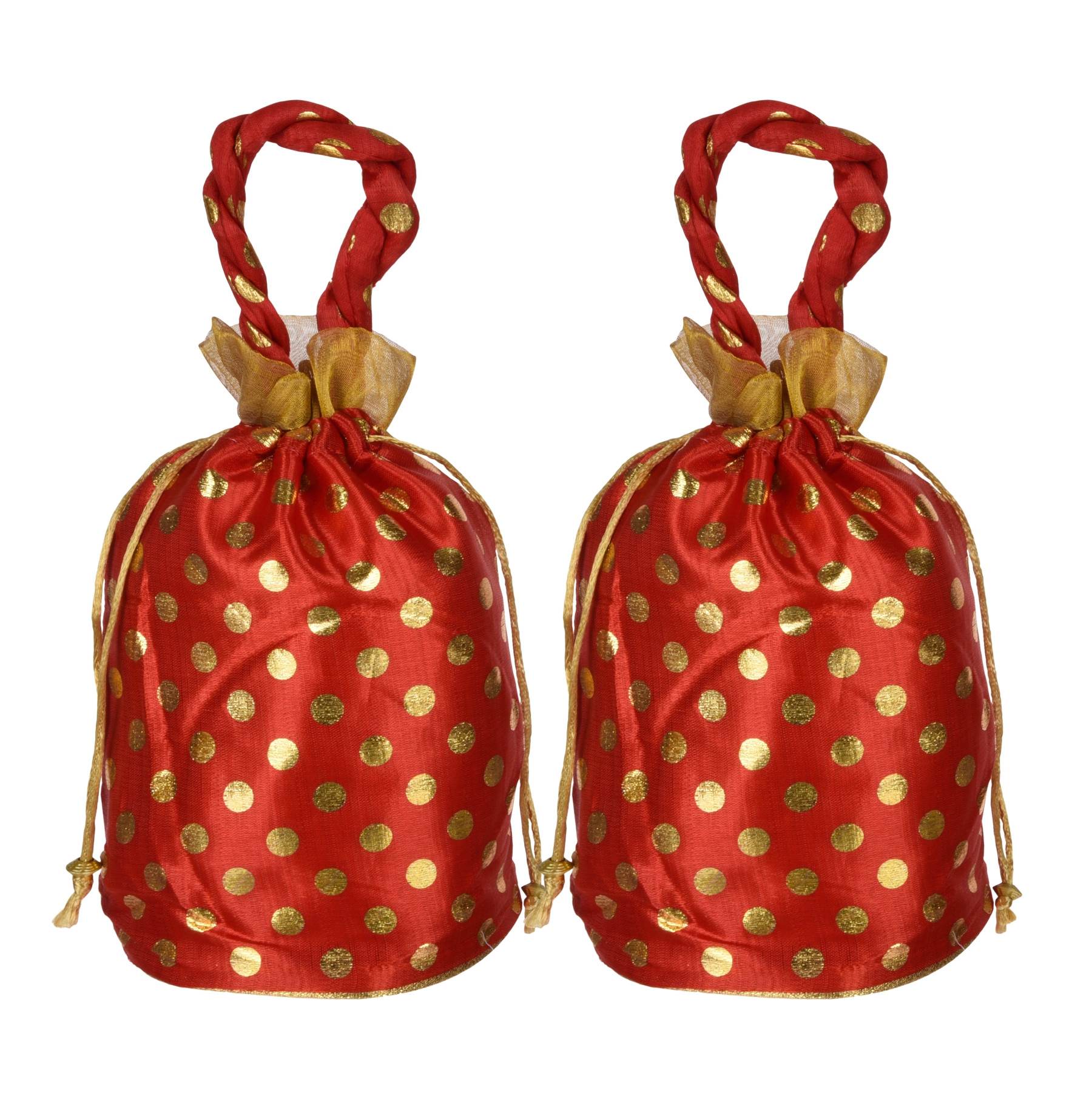 Kuber Industries Potli | Round Wedding Potli | Silk Drawstring Potli | Wallet Potli with Handle | Christmas Gift Potli | Baby Shower Potli | Traditional Shagun Potli | Golden Dot-Potli |Red