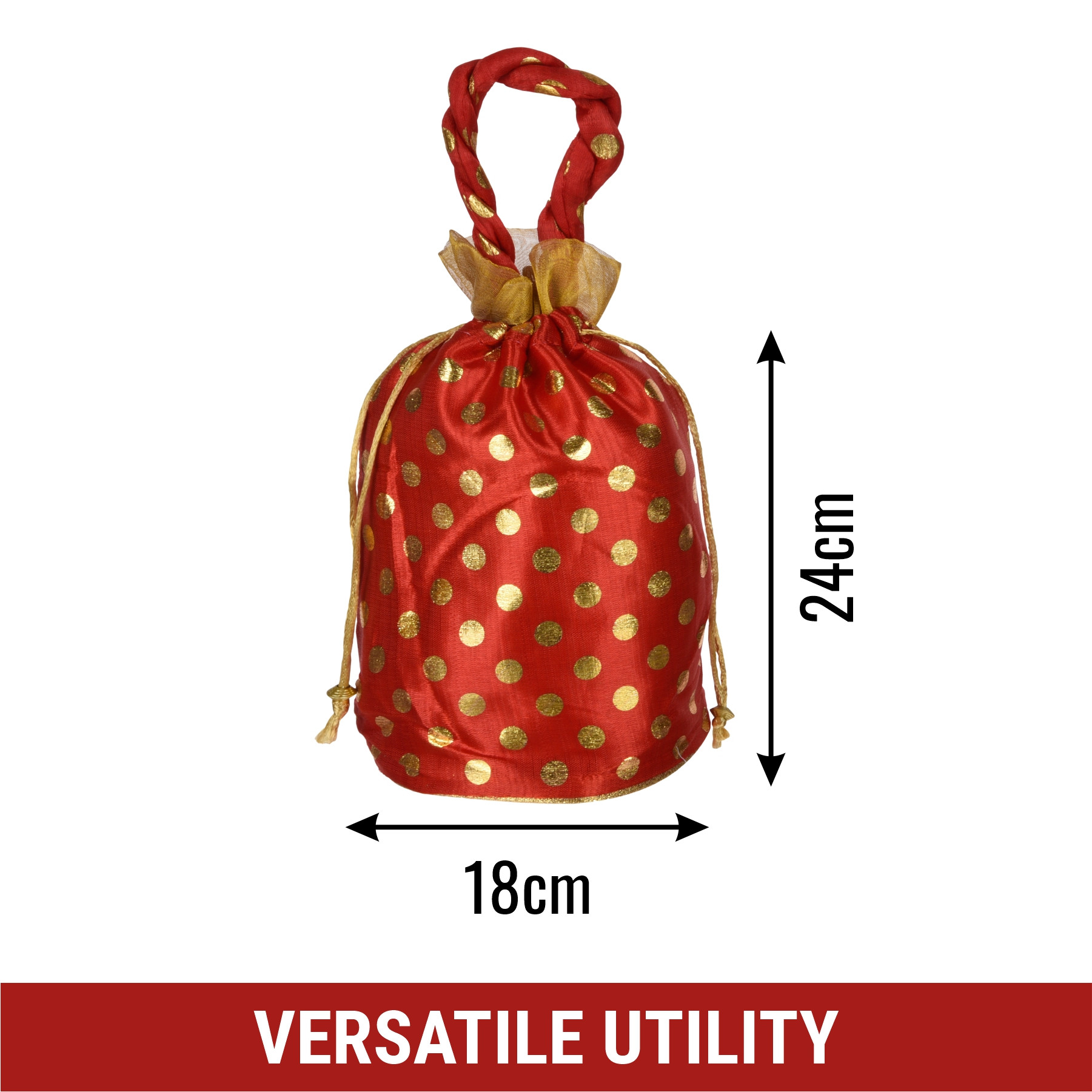 Kuber Industries Potli | Round Wedding Potli | Silk Drawstring Potli | Wallet Potli with Handle | Christmas Gift Potli | Baby Shower Potli | Traditional Shagun Potli | Golden Dot-Potli |Red