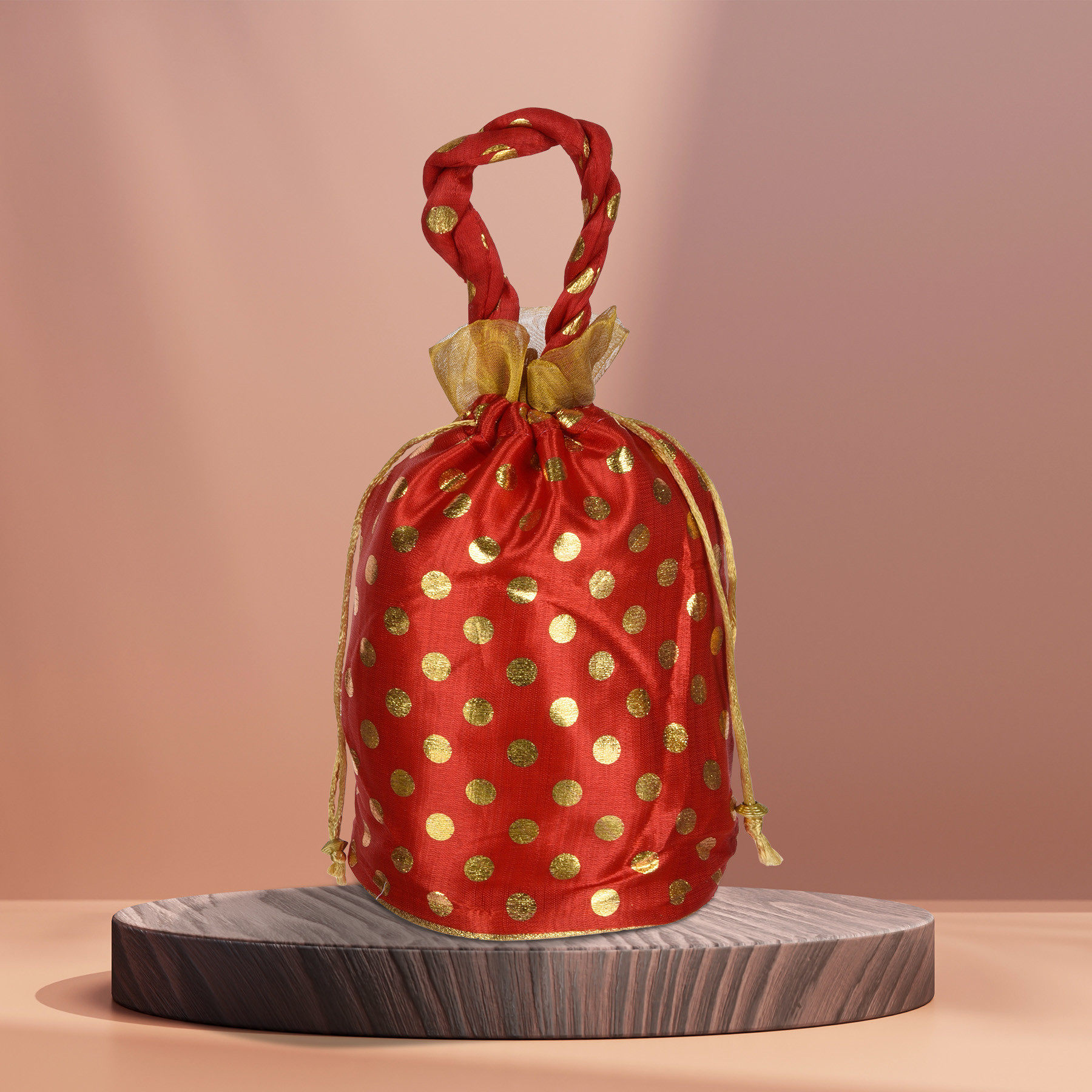 Kuber Industries Potli | Round Wedding Potli | Silk Drawstring Potli | Wallet Potli with Handle | Christmas Gift Potli | Baby Shower Potli | Traditional Shagun Potli | Golden Dot-Potli |Red