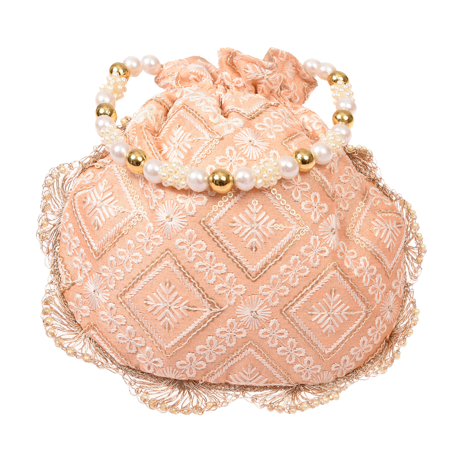 Kuber Industries Potli | Silk Fabric Zig Zag Embroidery Potli | Heavy Zari Work Potli | Traditional Indian Beads Drawstring Bags for Wedding | Shagun | Peach