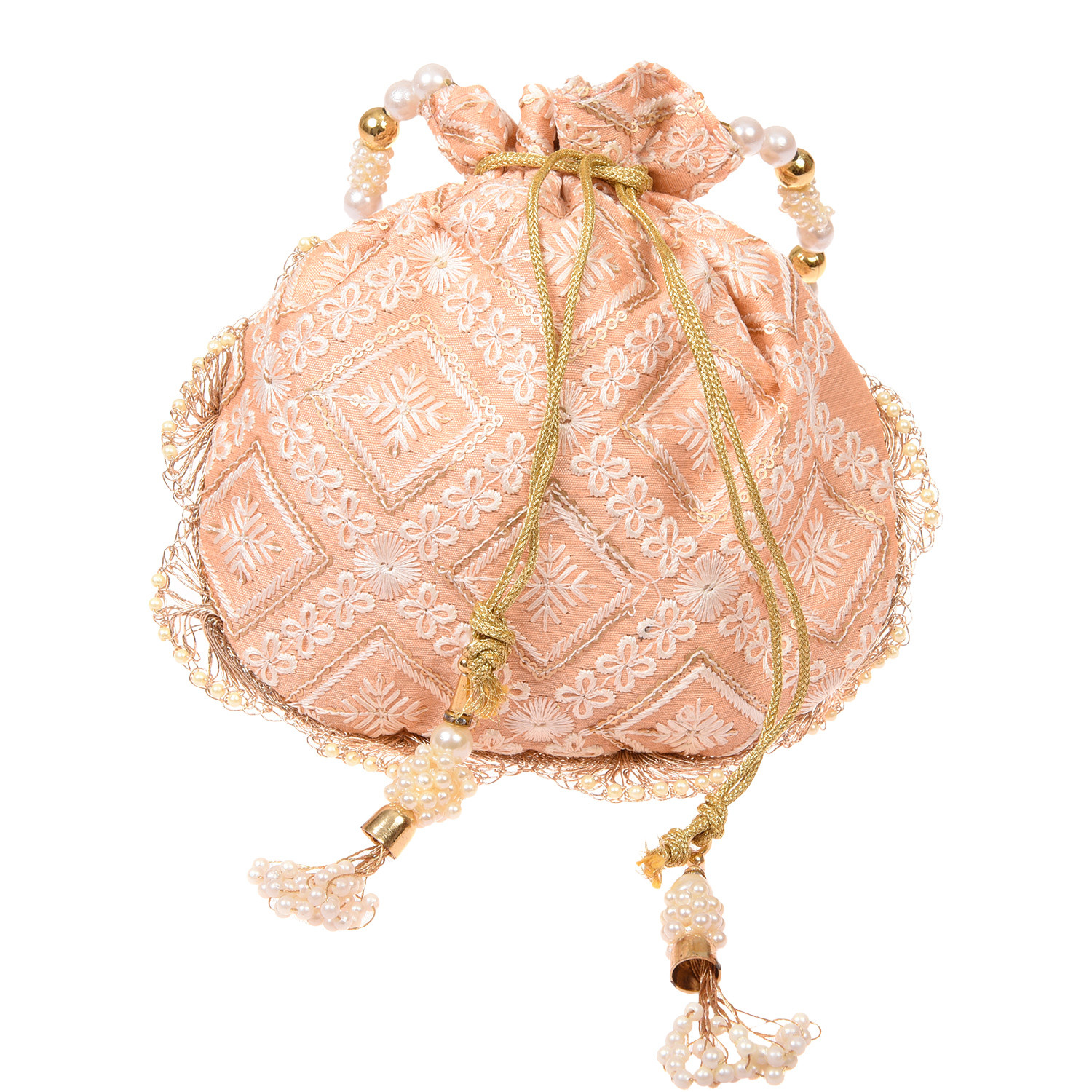 Kuber Industries Potli | Silk Fabric Zig Zag Embroidery Potli | Heavy Zari Work Potli | Traditional Indian Beads Drawstring Bags for Wedding | Shagun | Peach
