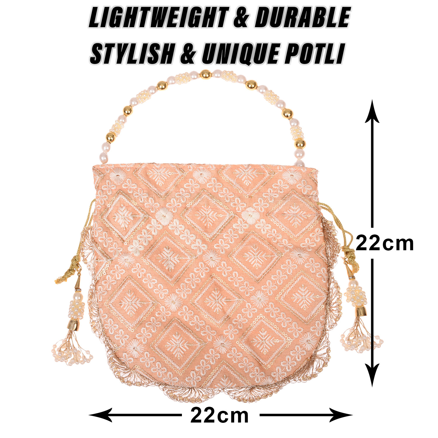 Kuber Industries Potli | Silk Fabric Zig Zag Embroidery Potli | Heavy Zari Work Potli | Traditional Indian Beads Drawstring Bags for Wedding | Shagun | Peach