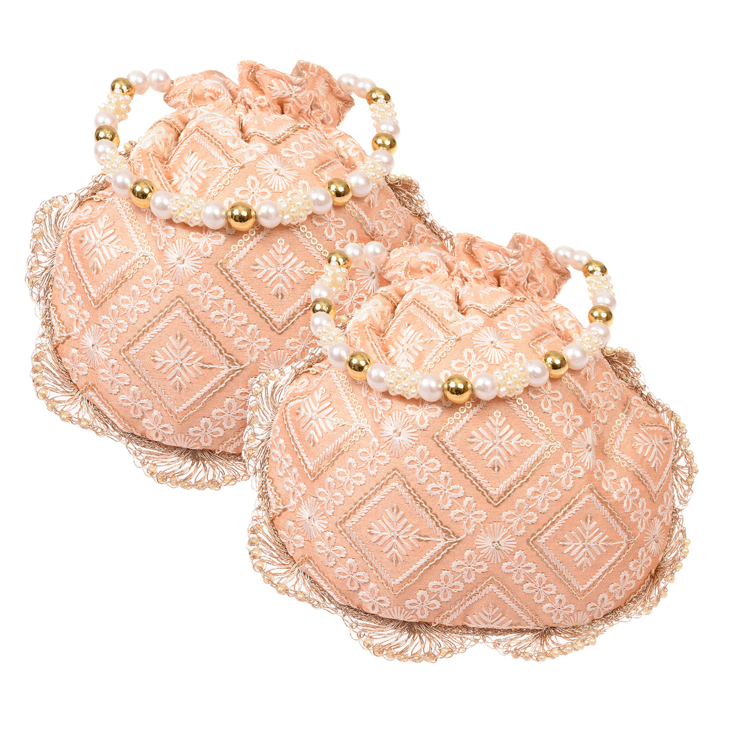 Kuber Industries Potli | Silk Fabric Zig Zag Embroidery Potli | Heavy Zari Work Potli | Traditional Indian Beads Drawstring Bags for Wedding | Shagun | Peach