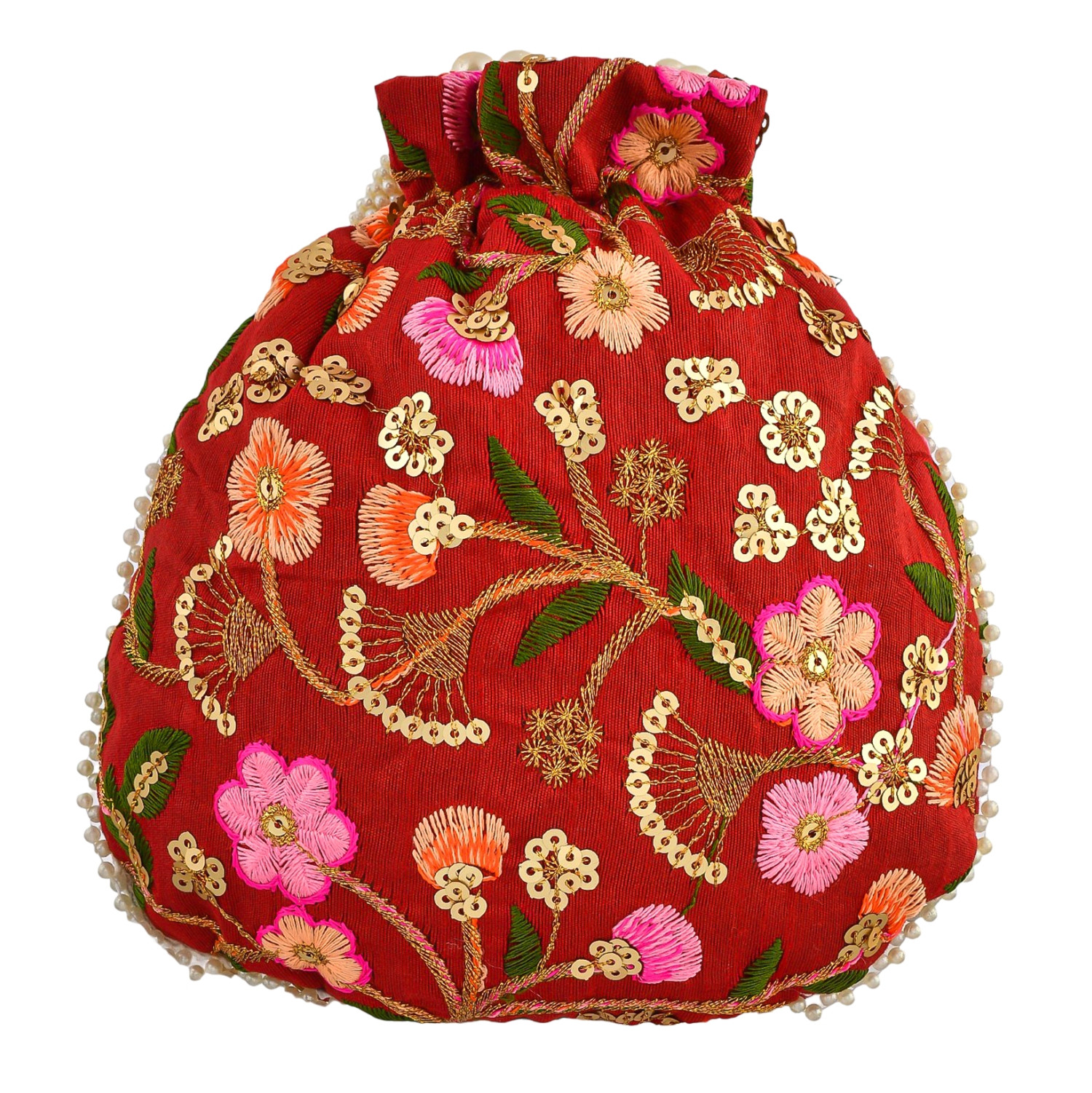 Kuber Industries Potli  Silk Wedding Potli  Christmas Gift Potli  Baby Shower Potli  Traditional Shagun Potli  Drawstring with Beads Handle Potli  New Flower Embroidery Potli  Maroon