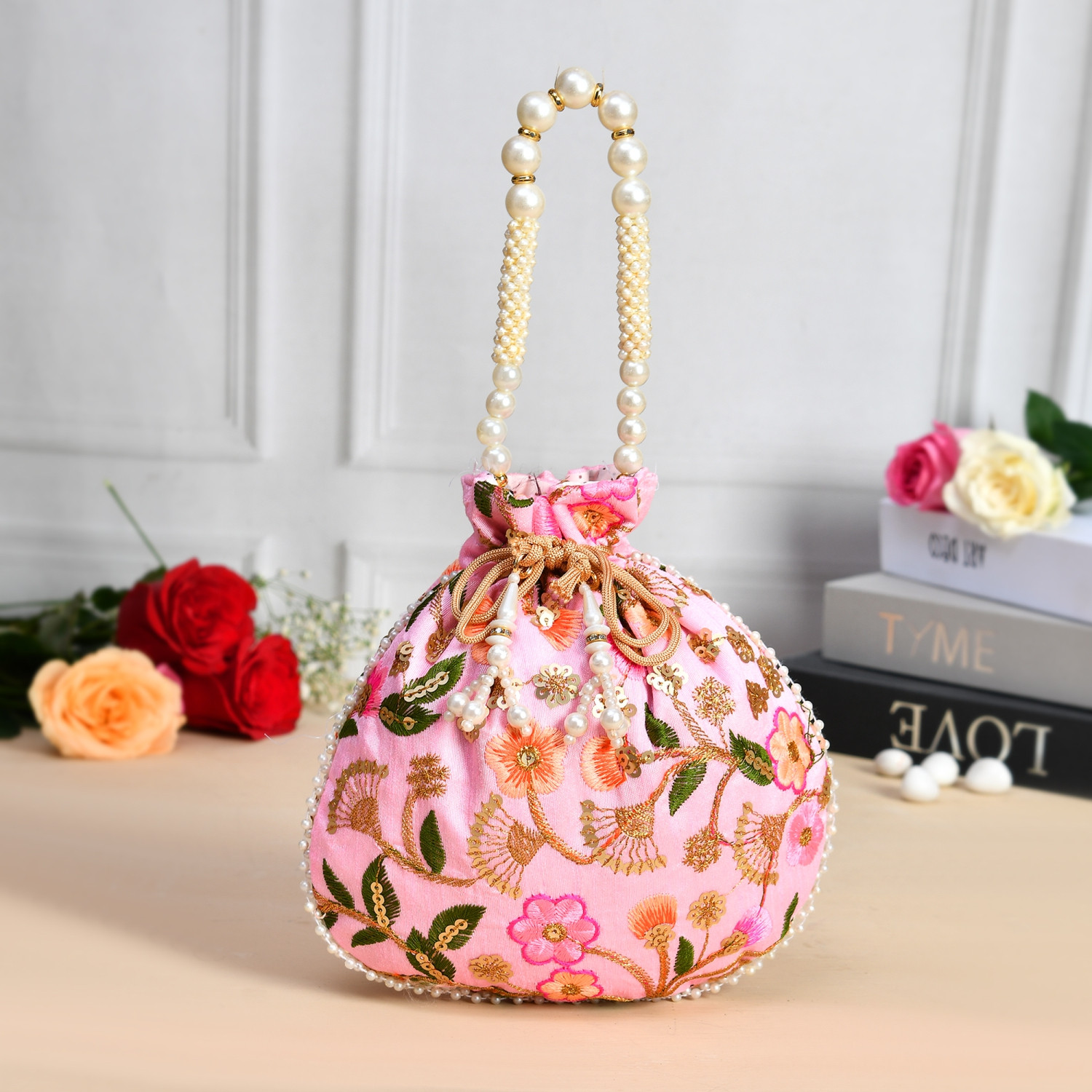 Kuber Industries Potli | Silk Wedding Potli | Christmas Gift Potli | Baby Shower Potli | Traditional Shagun Potli | Drawstring with Beads Handle Potli | New Flower Embroidery Potli | Pink