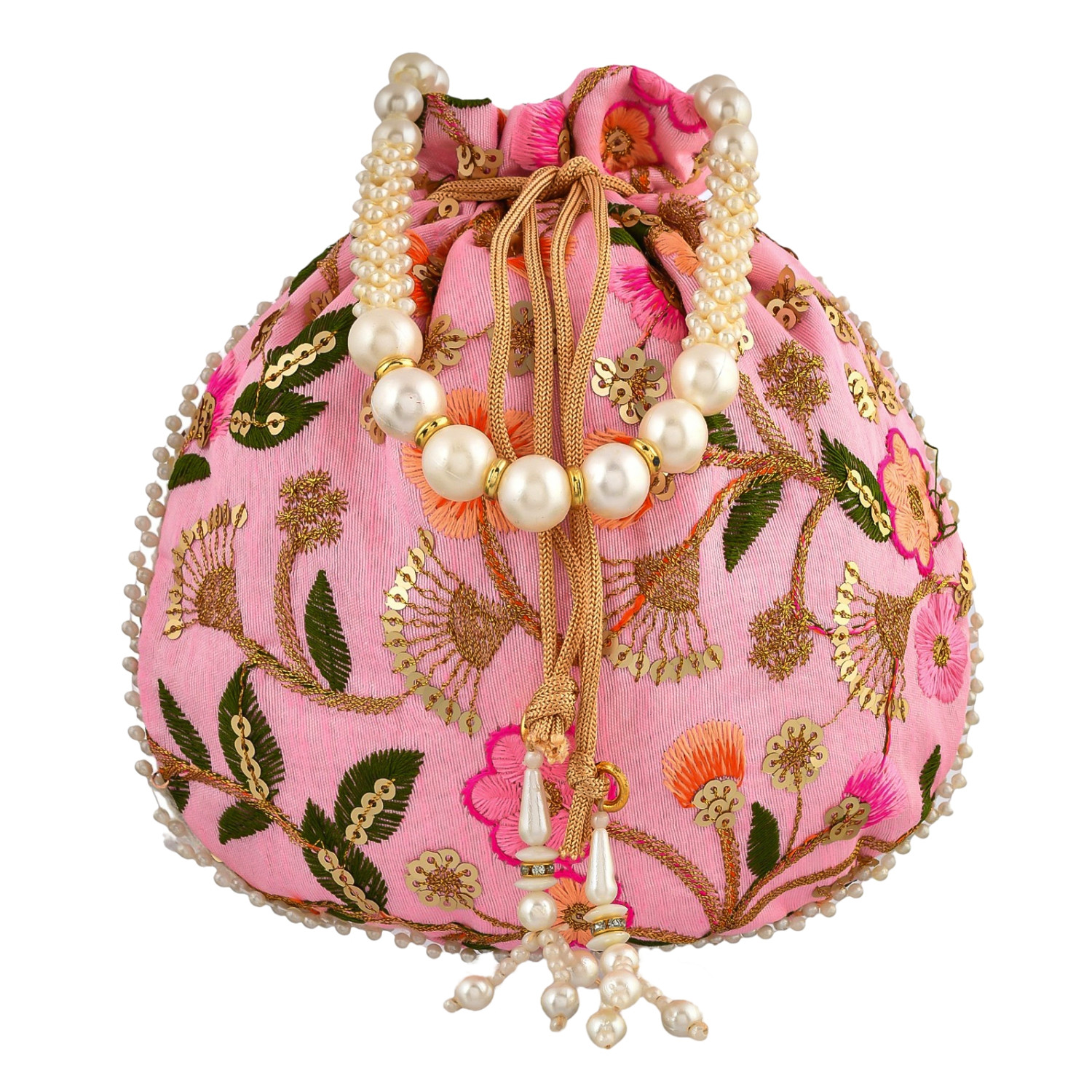 Kuber Industries Potli | Silk Wedding Potli | Christmas Gift Potli | Baby Shower Potli | Traditional Shagun Potli | Drawstring with Beads Handle Potli | New Flower Embroidery Potli | Pink