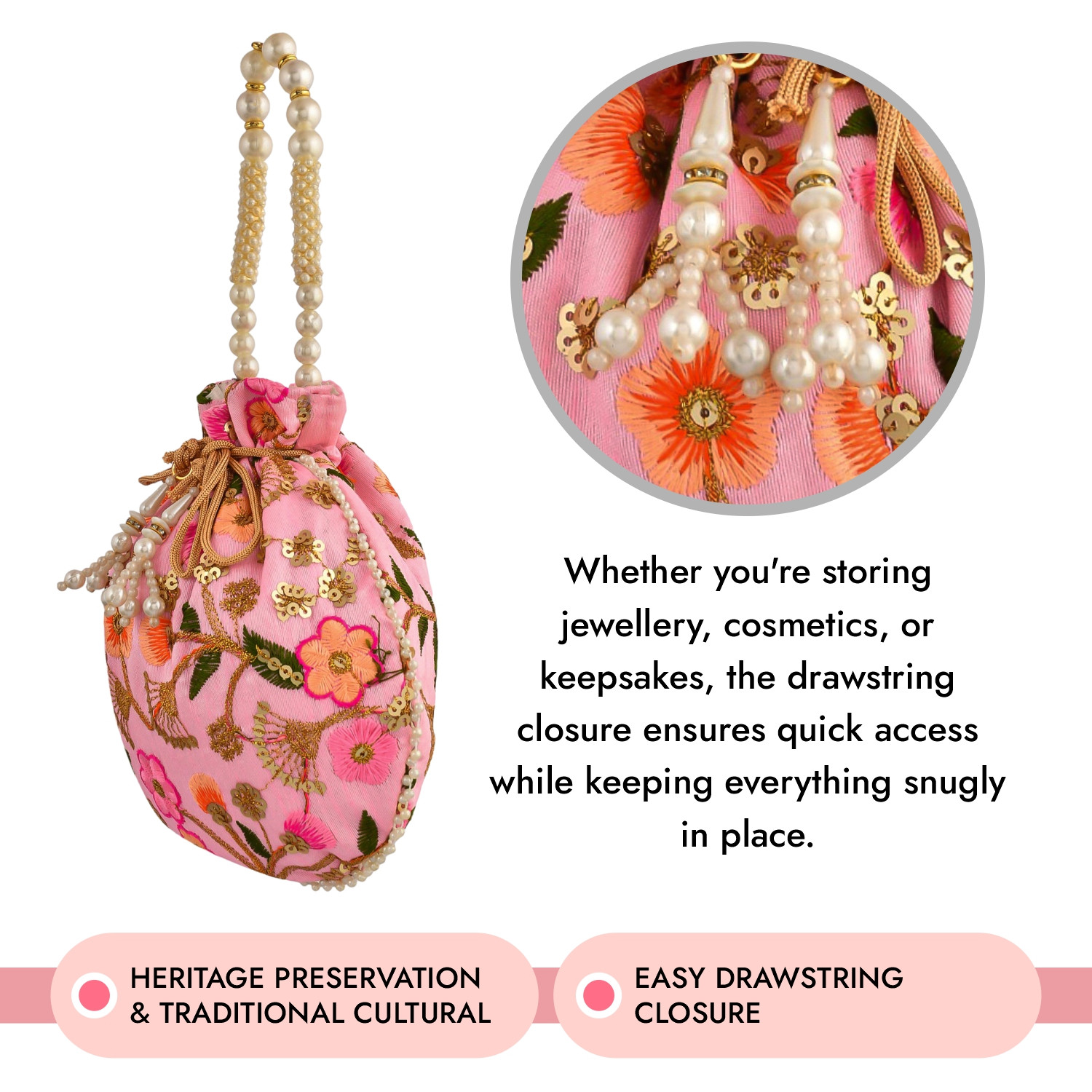 Kuber Industries Potli | Silk Wedding Potli | Christmas Gift Potli | Baby Shower Potli | Traditional Shagun Potli | Drawstring with Beads Handle Potli | New Flower Embroidery Potli | Pink