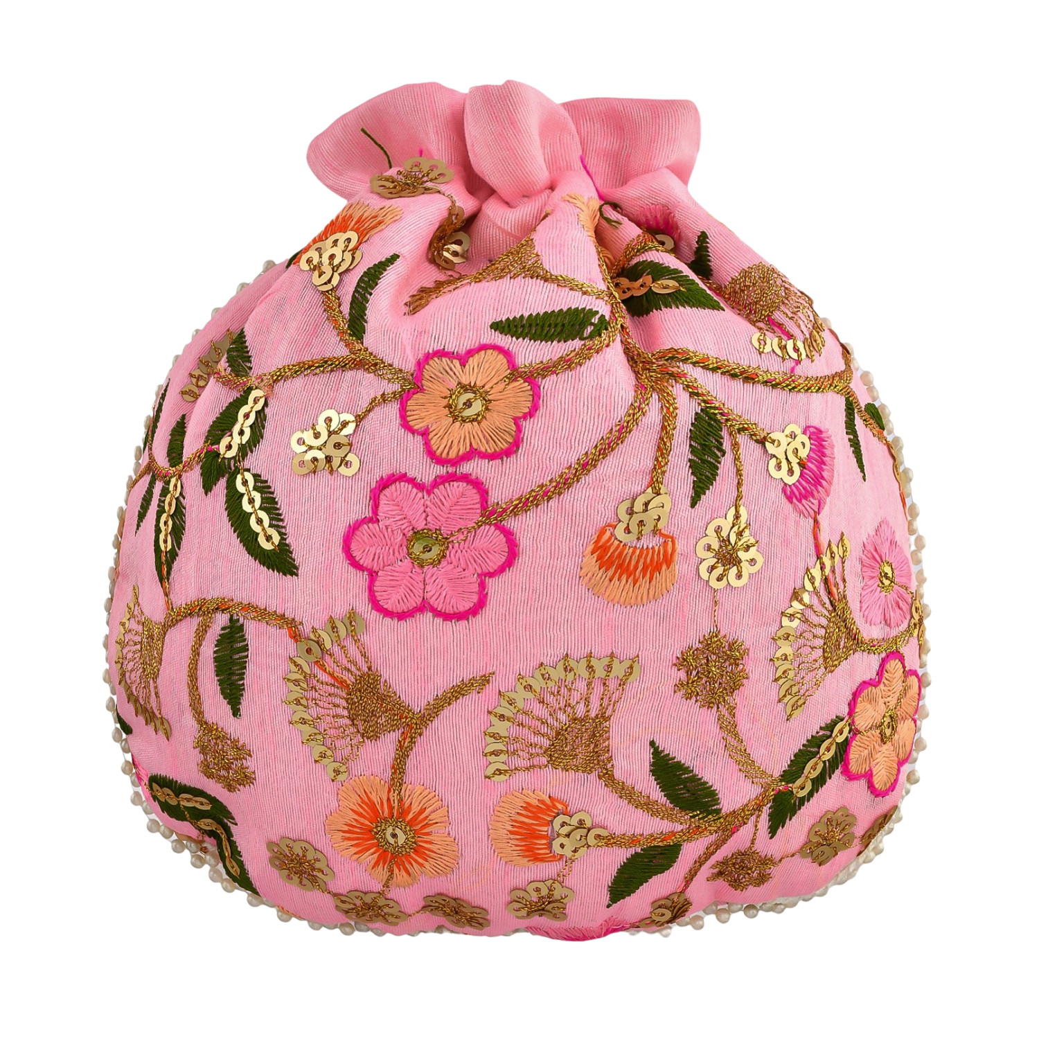 Kuber Industries Potli | Silk Wedding Potli | Christmas Gift Potli | Baby Shower Potli | Traditional Shagun Potli | Drawstring with Beads Handle Potli | New Flower Embroidery Potli | Pink