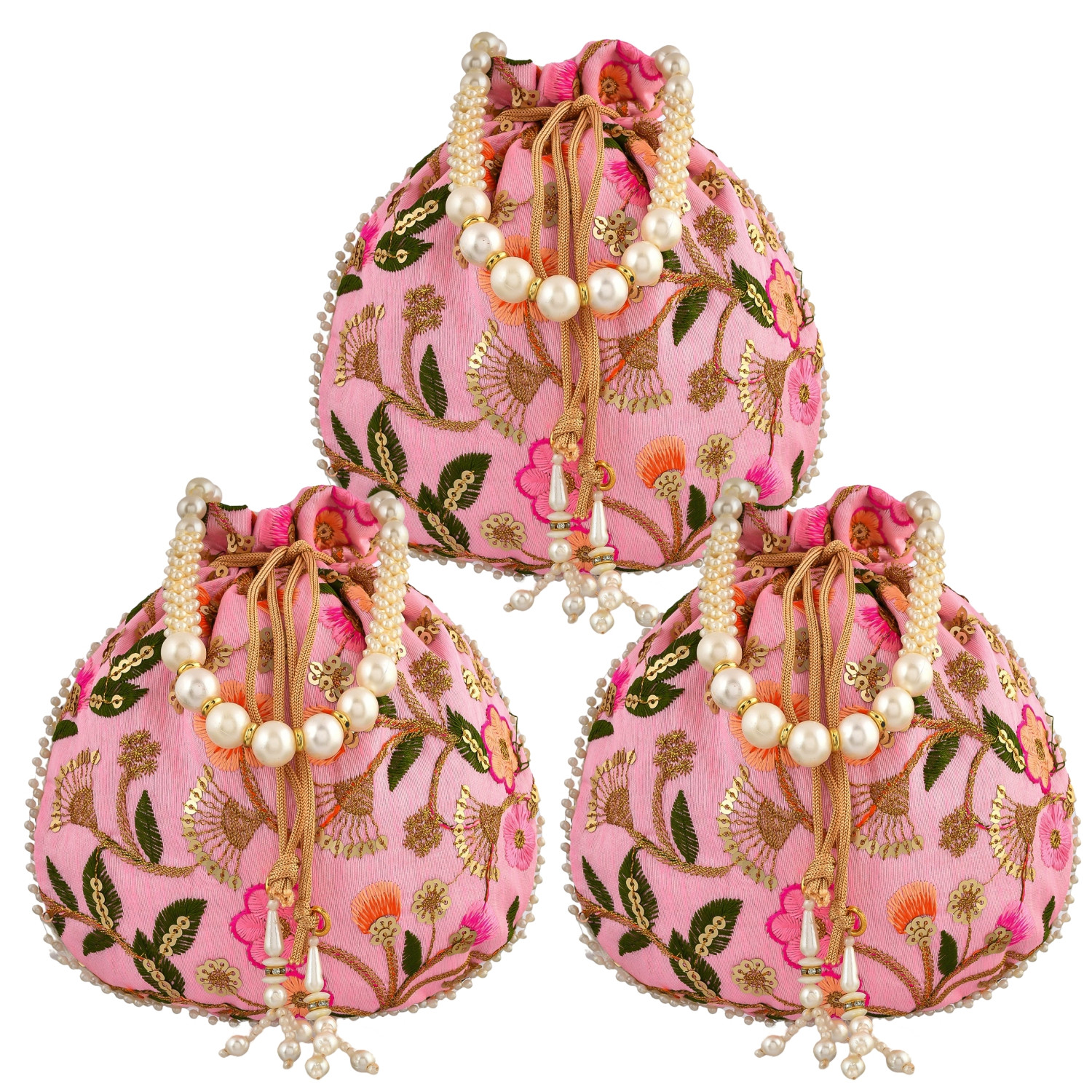 Kuber Industries Potli | Silk Wedding Potli | Christmas Gift Potli | Baby Shower Potli | Traditional Shagun Potli | Drawstring with Beads Handle Potli | New Flower Embroidery Potli | Pink