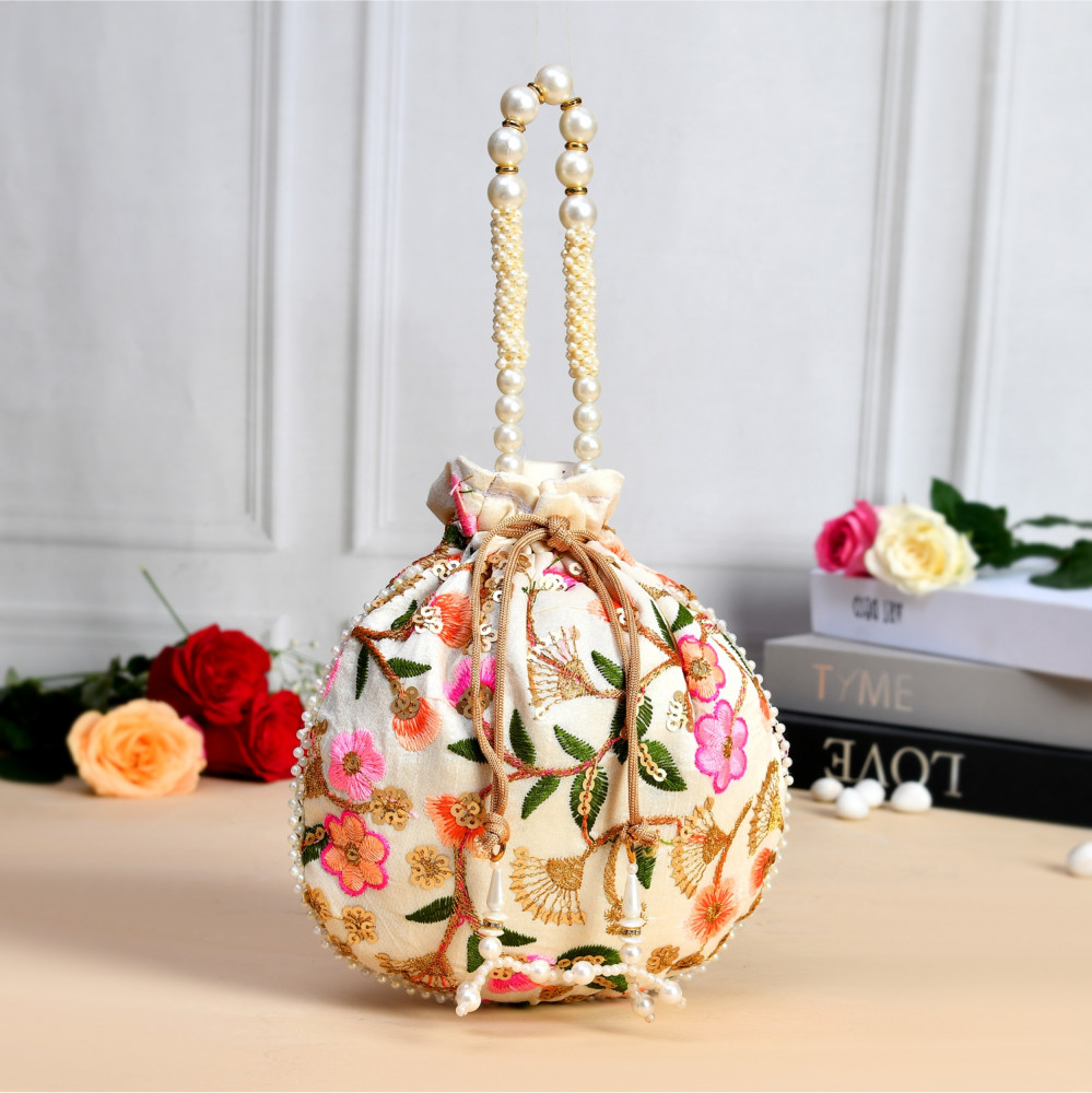 Kuber Industries Potli | Silk Wedding Potli | Christmas Gift Potli | Baby Shower Potli | Traditional Shagun Potli | Drawstring with Beads Handle Potli | New Flower Embroidery Potli | Cream