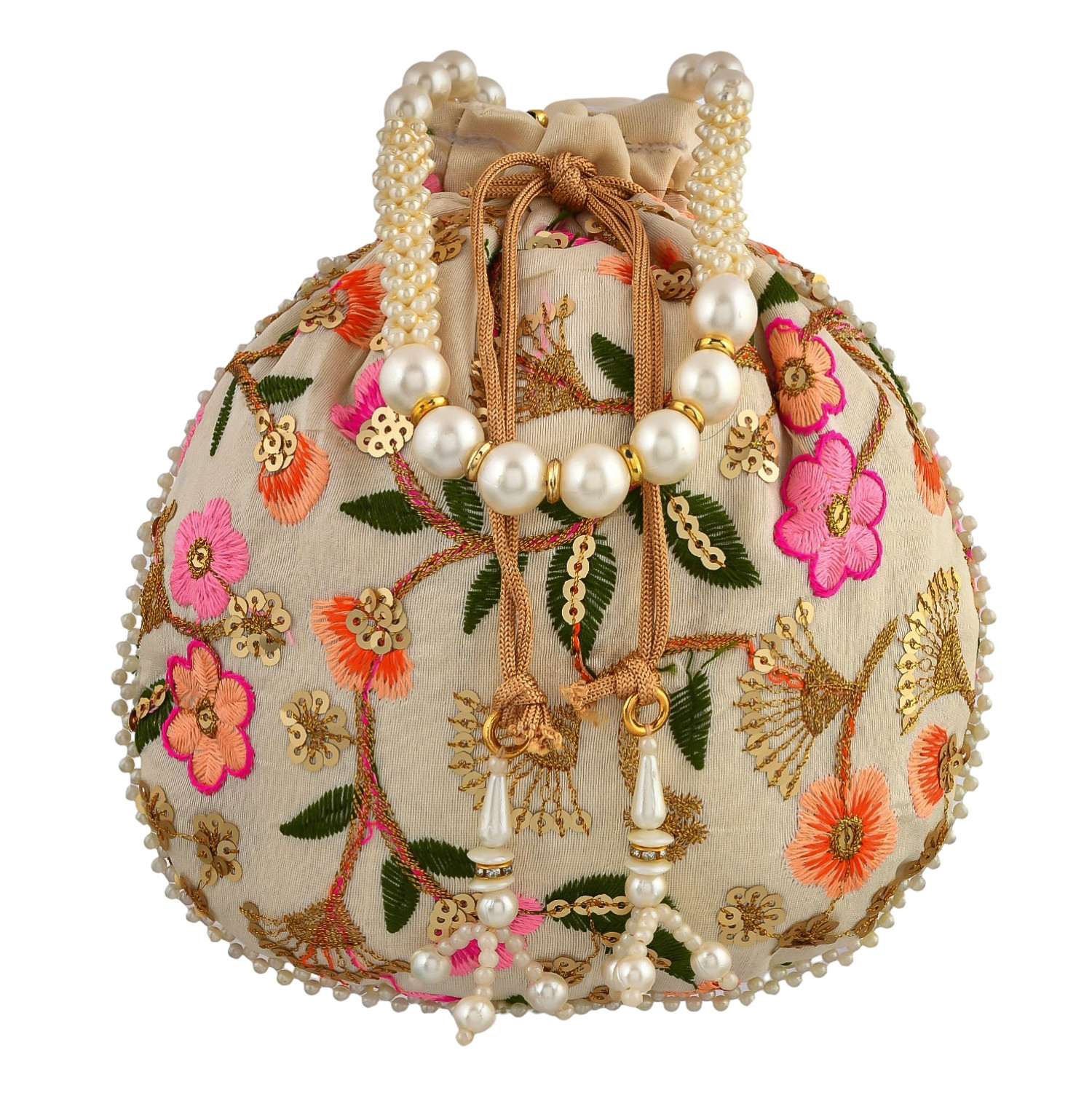 Kuber Industries Potli | Silk Wedding Potli | Christmas Gift Potli | Baby Shower Potli | Traditional Shagun Potli | Drawstring with Beads Handle Potli | New Flower Embroidery Potli | Cream