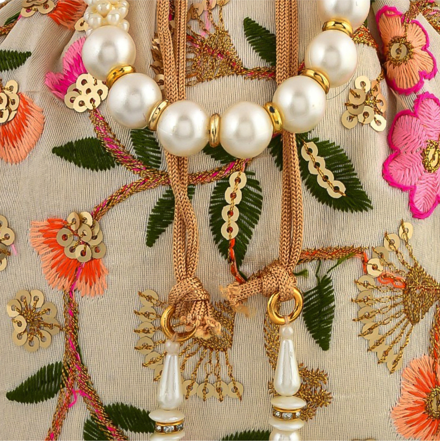 Kuber Industries Potli | Silk Wedding Potli | Christmas Gift Potli | Baby Shower Potli | Traditional Shagun Potli | Drawstring with Beads Handle Potli | New Flower Embroidery Potli | Cream