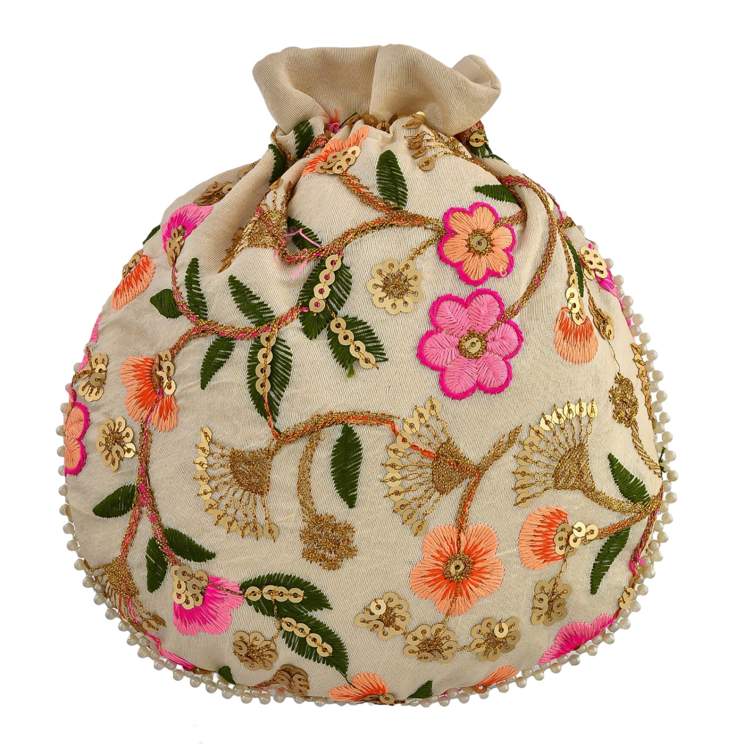 Kuber Industries Potli | Silk Wedding Potli | Christmas Gift Potli | Baby Shower Potli | Traditional Shagun Potli | Drawstring with Beads Handle Potli | New Flower Embroidery Potli | Cream