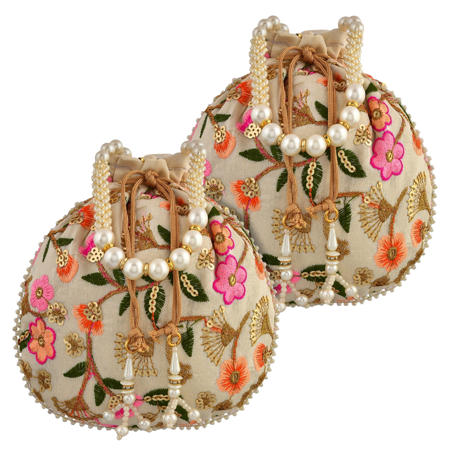 Kuber Industries Potli | Silk Wedding Potli | Christmas Gift Potli | Baby Shower Potli | Traditional Shagun Potli | Drawstring with Beads Handle Potli | New Flower Embroidery Potli | Cream