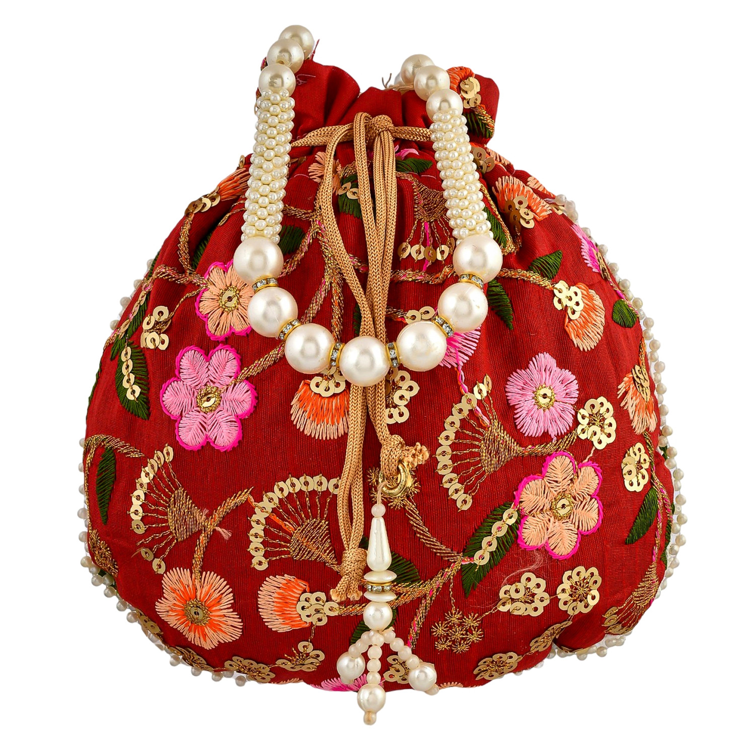 Kuber Industries Potli | Silk Wedding Potli | Christmas Gift Potli | Baby Shower Potli | Traditional Shagun Potli | Drawstring with Beads Handle Potli | New Flower Embroidery Potli | Maroon