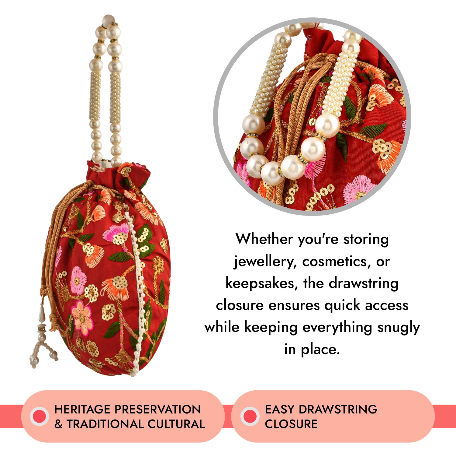 Kuber Industries Potli | Silk Wedding Potli | Christmas Gift Potli | Baby Shower Potli | Traditional Shagun Potli | Drawstring with Beads Handle Potli | New Flower Embroidery Potli | Maroon