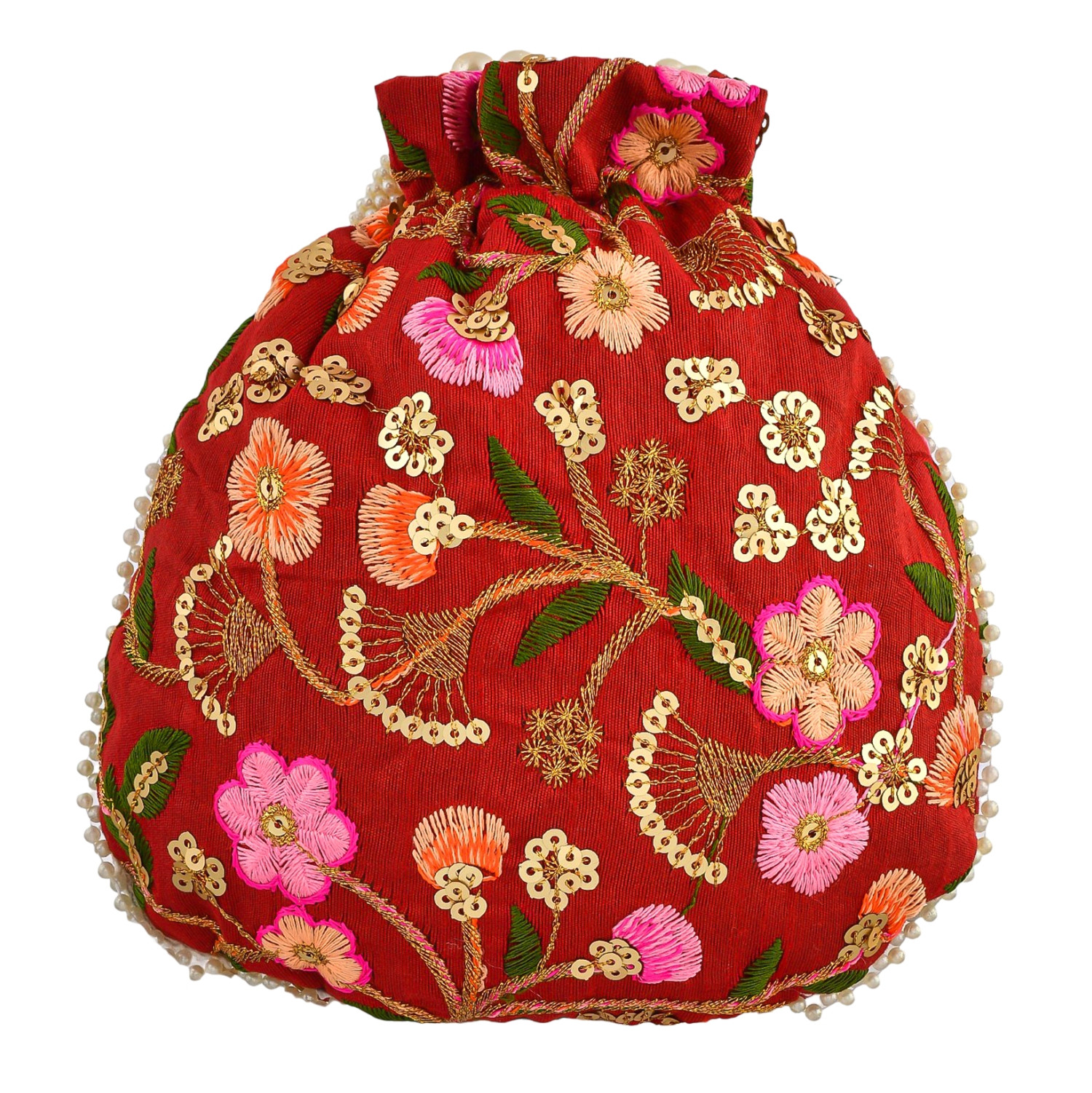 Kuber Industries Potli | Silk Wedding Potli | Christmas Gift Potli | Baby Shower Potli | Traditional Shagun Potli | Drawstring with Beads Handle Potli | New Flower Embroidery Potli | Maroon