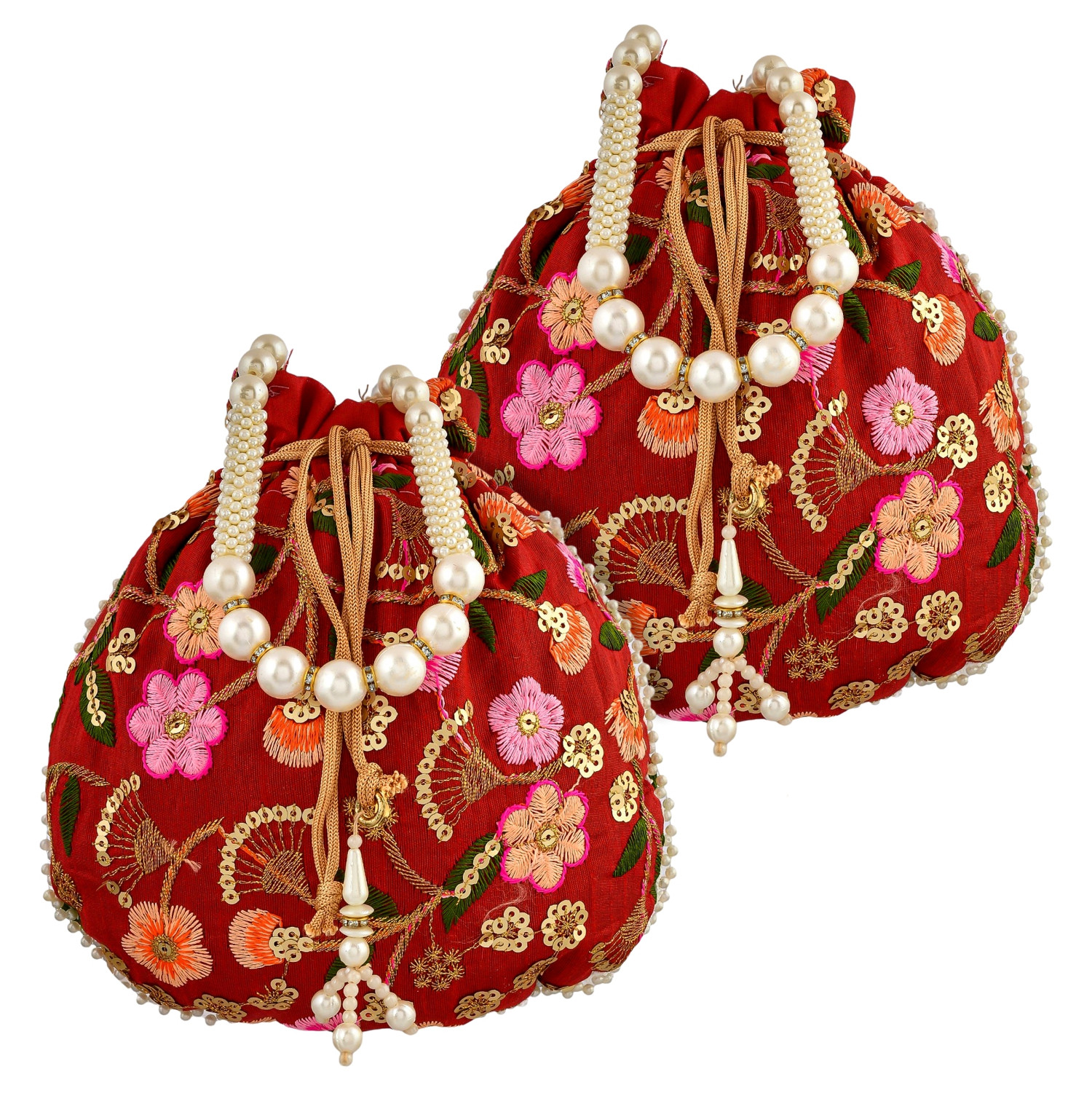 Kuber Industries Potli | Silk Wedding Potli | Christmas Gift Potli | Baby Shower Potli | Traditional Shagun Potli | Drawstring with Beads Handle Potli | New Flower Embroidery Potli | Maroon