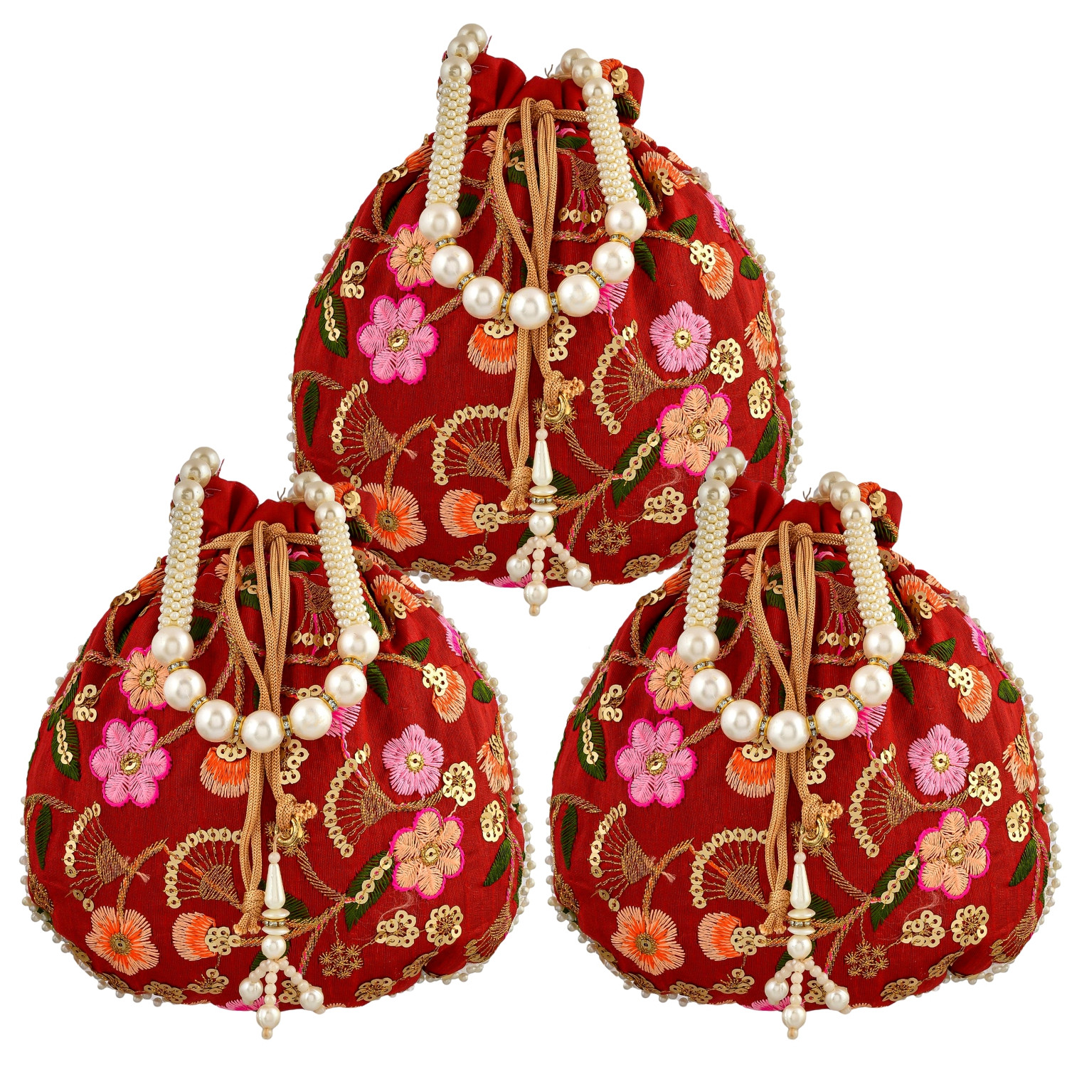 Kuber Industries Potli | Silk Wedding Potli | Christmas Gift Potli | Baby Shower Potli | Traditional Shagun Potli | Drawstring with Beads Handle Potli | New Flower Embroidery Potli | Maroon