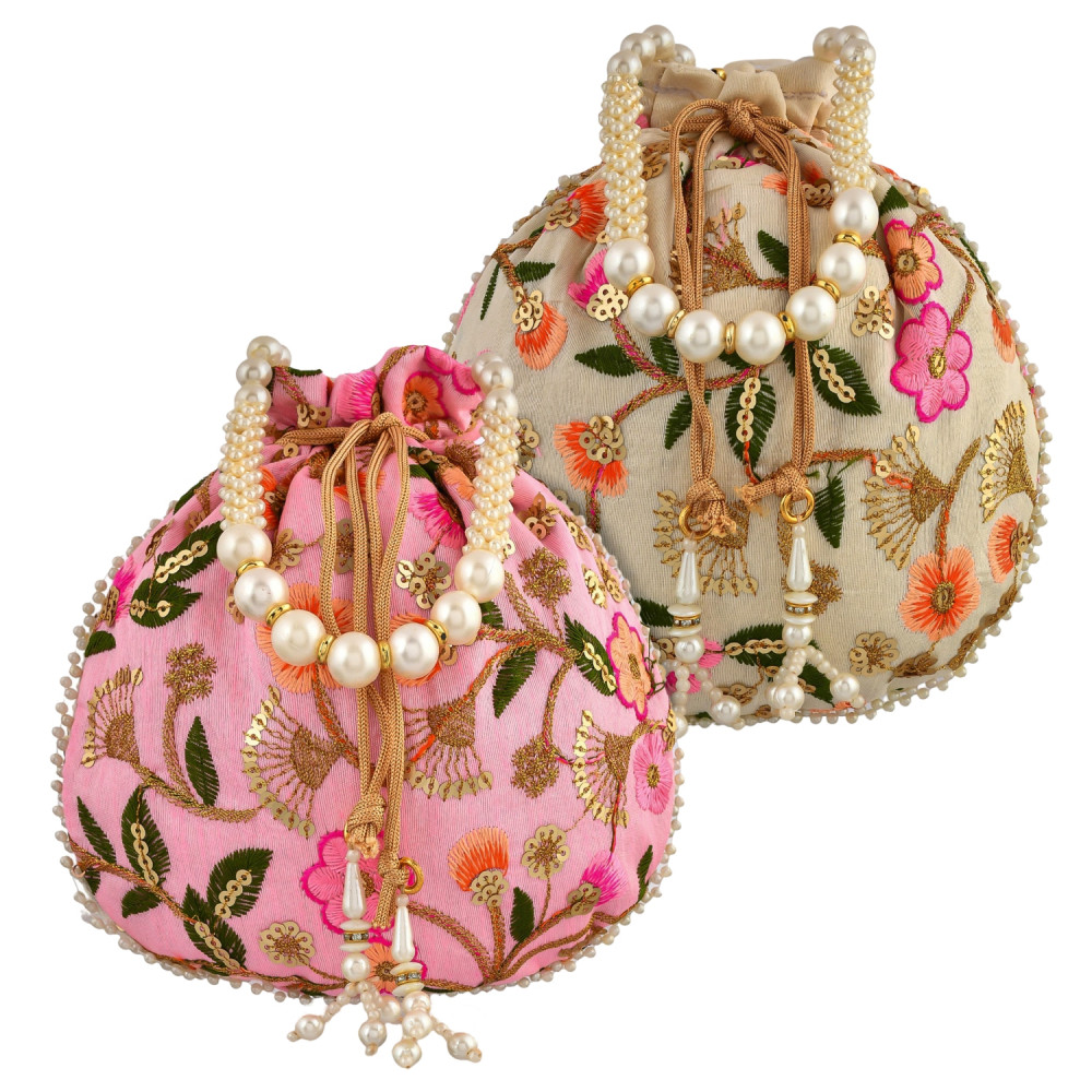 Kuber Industries Potli | Silk Wedding Potli | Christmas Gift Potli | Baby Shower Potli | Traditional Shagun Potli | Drawstring with Beads Handle Potli | New Flower Embroidery Potli | Pack of 2 | Multi