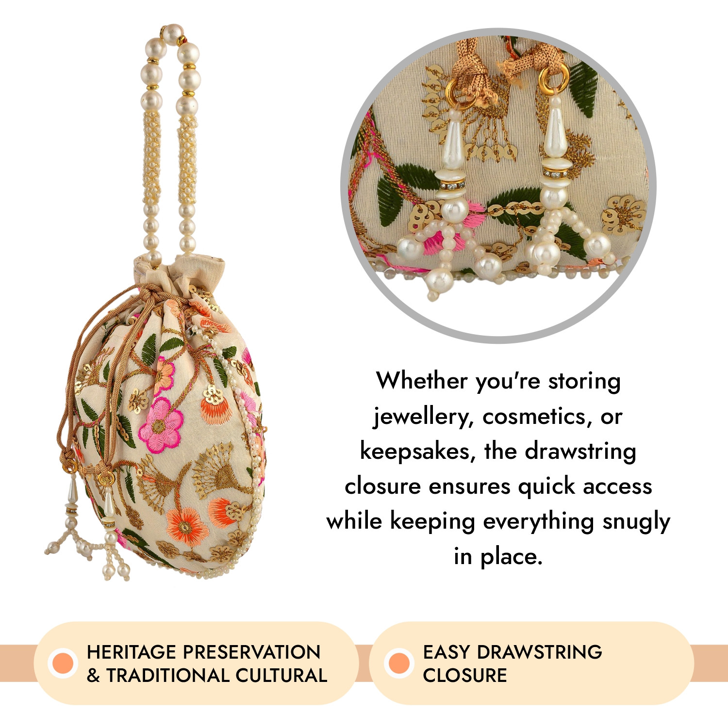 Kuber Industries Potli | Silk Wedding Potli | Christmas Gift Potli | Baby Shower Potli | Traditional Shagun Potli | Drawstring with Beads Handle Potli | New Flower Embroidery Potli | Pack of 2 | Multi