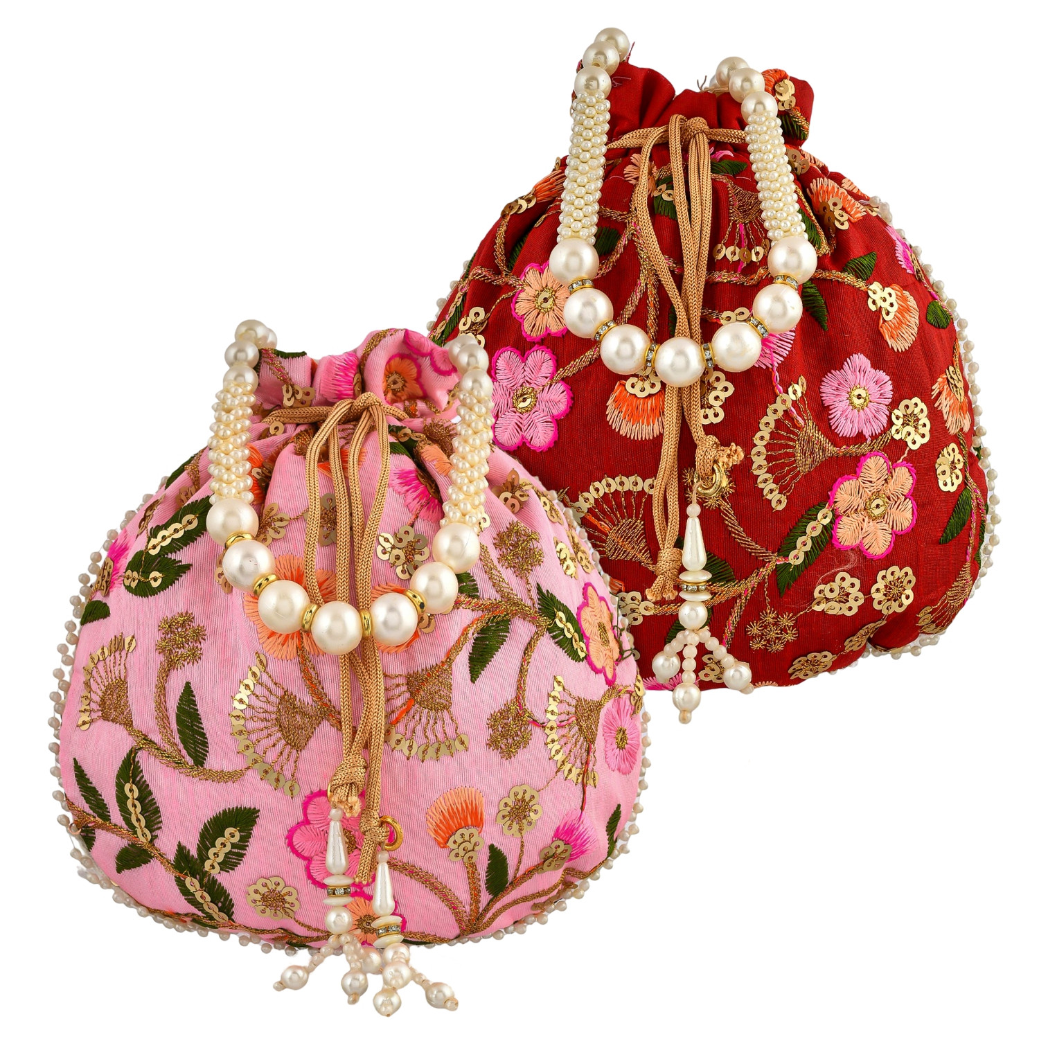 Kuber Industries Potli | Silk Wedding Potli | Christmas Gift Potli | Baby Shower Potli | Traditional Shagun Potli | Drawstring with Beads Handle Potli | New Flower Embroidery Potli | Pack of 2 | Multi