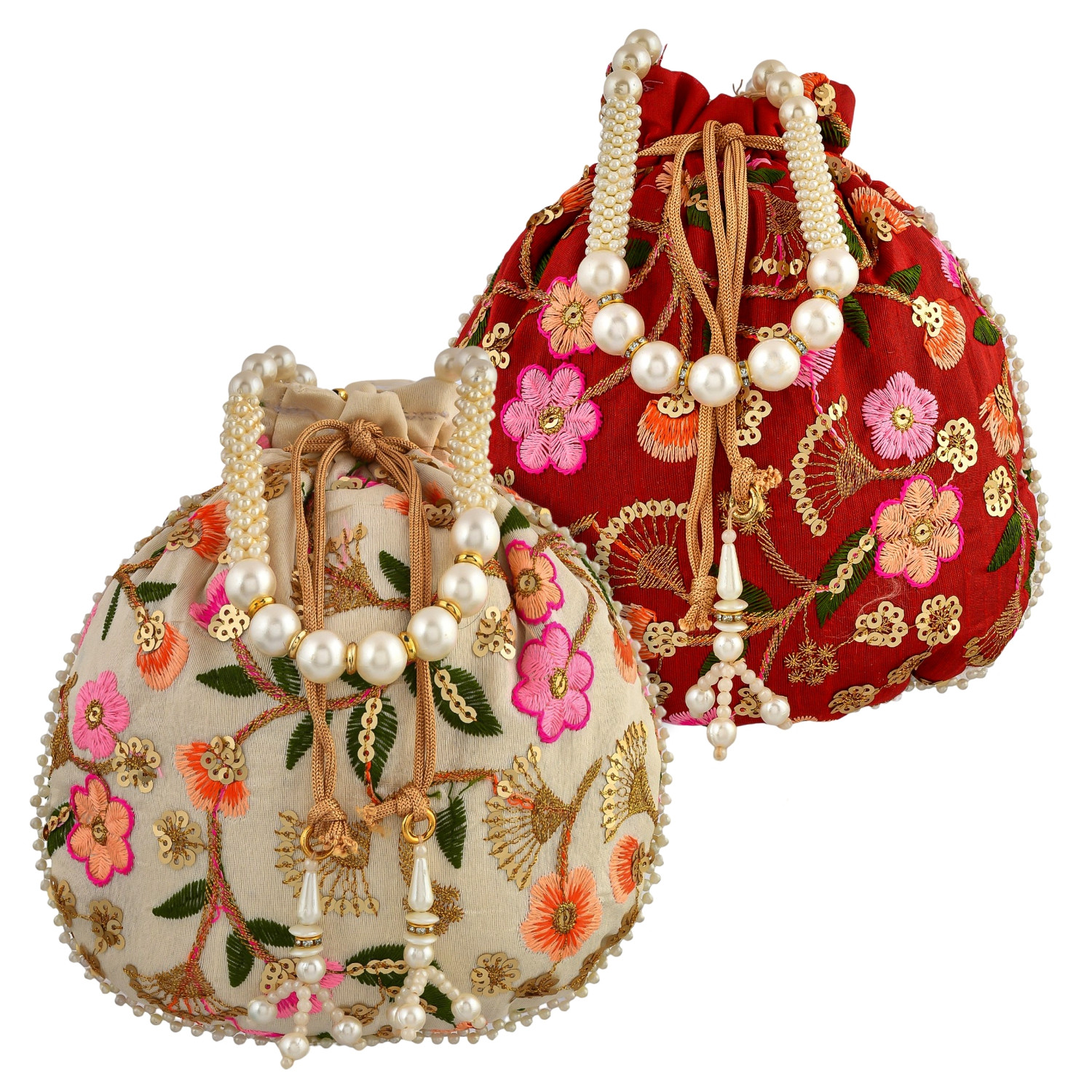 Kuber Industries Potli | Silk Wedding Potli | Christmas Gift Potli | Baby Shower Potli | Traditional Shagun Potli | Drawstring with Beads Handle Potli | New Flower Embroidery Potli | Pack of 2 | Multi