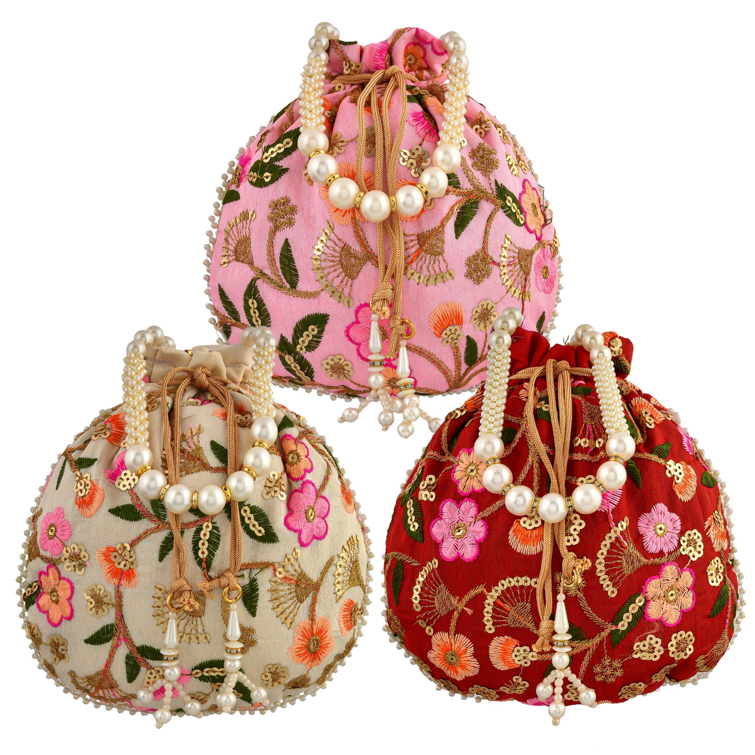 Kuber Industries Potli | Silk Wedding Potli | Christmas Gift Potli | Baby Shower Potli | Traditional Shagun Potli | Drawstring with Beads Handle Potli | New Flower Embroidery Potli | Pack of 3 | Multi