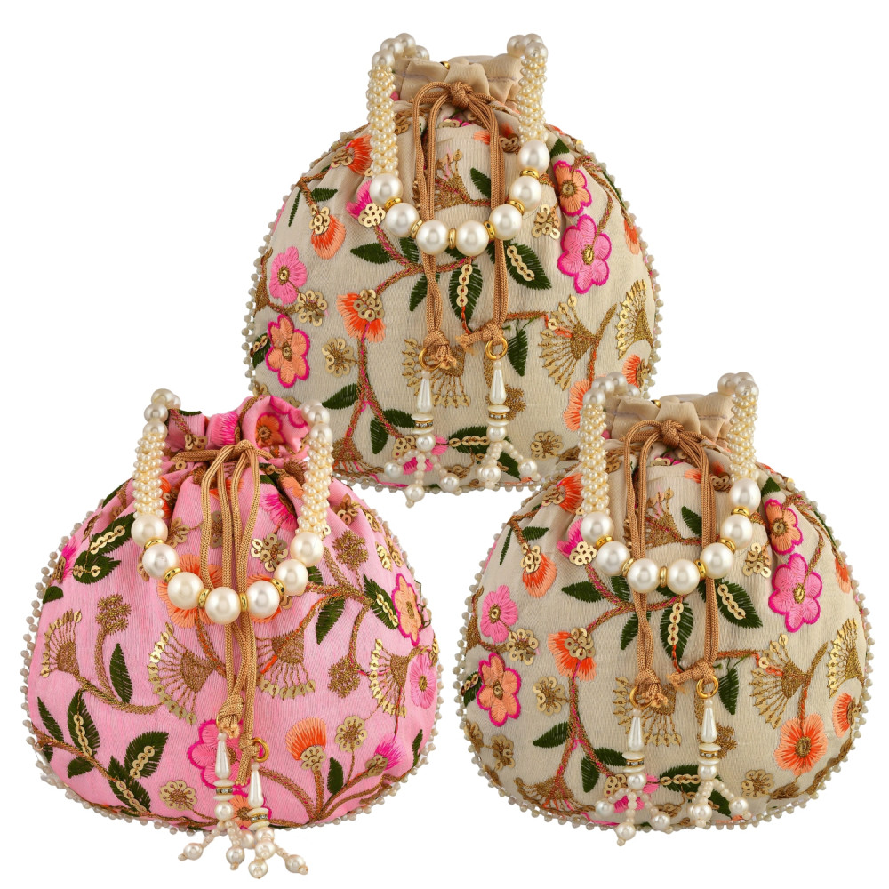 Kuber Industries Potli | Silk Wedding Potli | Christmas Gift Potli | Baby Shower Potli | Traditional Shagun Potli | Drawstring with Beads Handle Potli | New Flower Embroidery Potli | Pack of 3 | Multi