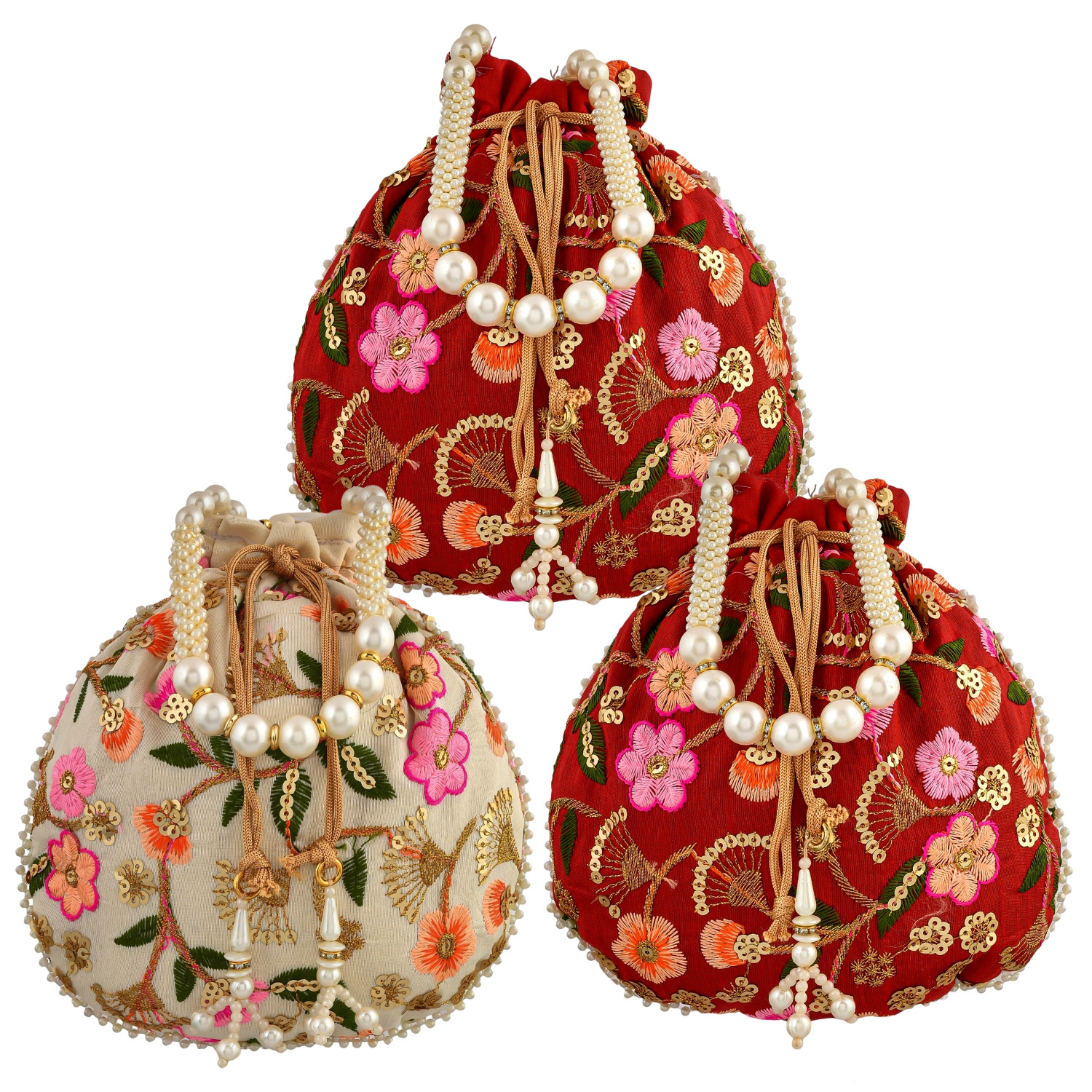 Kuber Industries Potli | Silk Wedding Potli | Christmas Gift Potli | Baby Shower Potli | Traditional Shagun Potli | Drawstring with Beads Handle Potli | New Flower Embroidery Potli | Pack of 3 | Multi