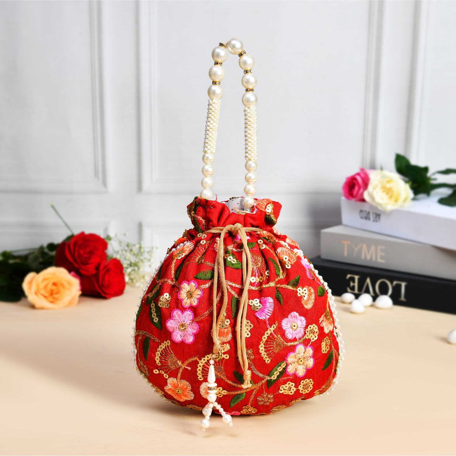 Kuber Industries Potli | Silk Wedding Potli | Christmas Gift Potli | Baby Shower Potli | Traditional Shagun Potli | Drawstring with Beads Handle Potli | New Flower Embroidery Potli | Pack of 3 | Multi
