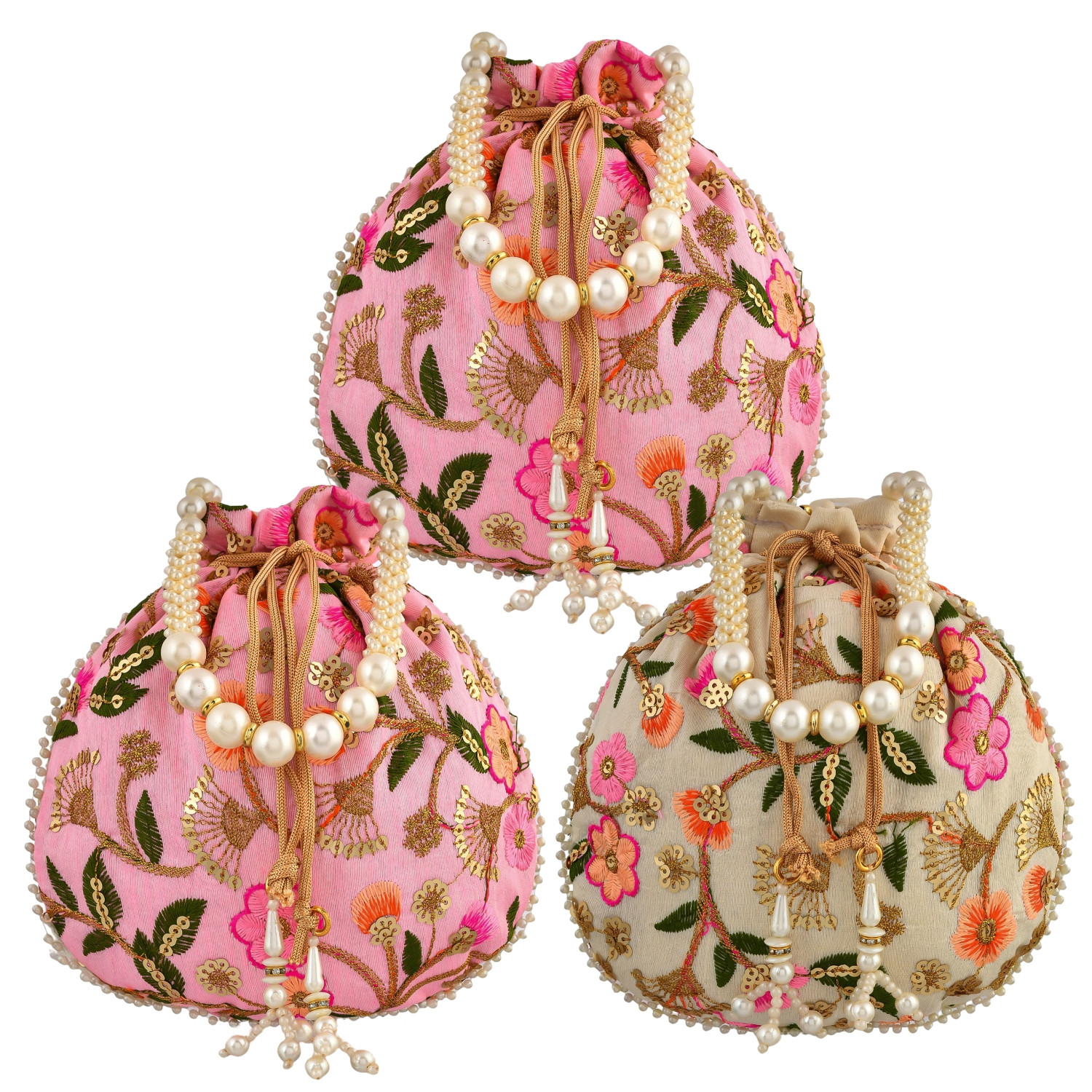Kuber Industries Potli | Silk Wedding Potli | Christmas Gift Potli | Baby Shower Potli | Traditional Shagun Potli | Drawstring with Beads Handle Potli | New Flower Embroidery Potli | Pack of 3 | Multi