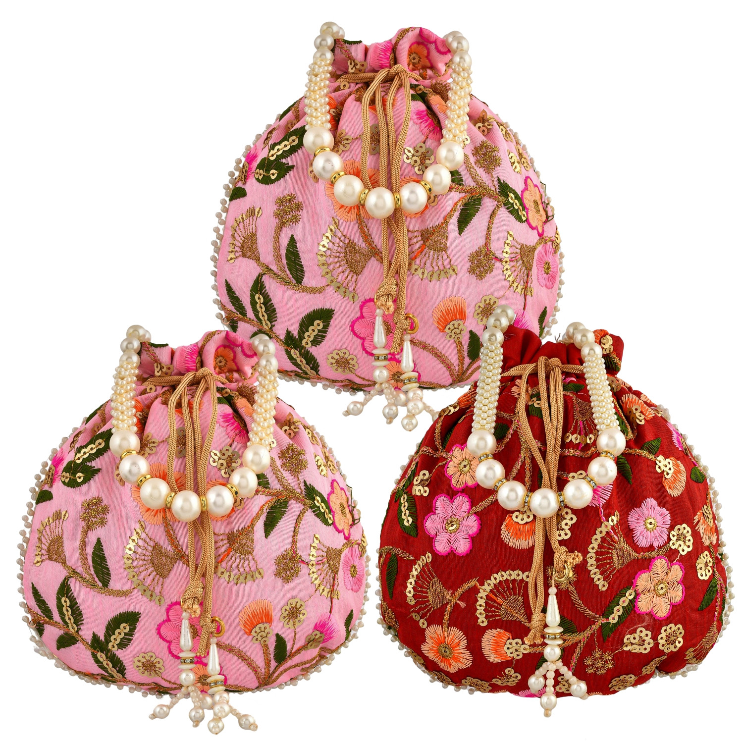 Kuber Industries Potli | Silk Wedding Potli | Christmas Gift Potli | Baby Shower Potli | Traditional Shagun Potli | Drawstring with Beads Handle Potli | New Flower Embroidery Potli | Pack of 3 | Multi
